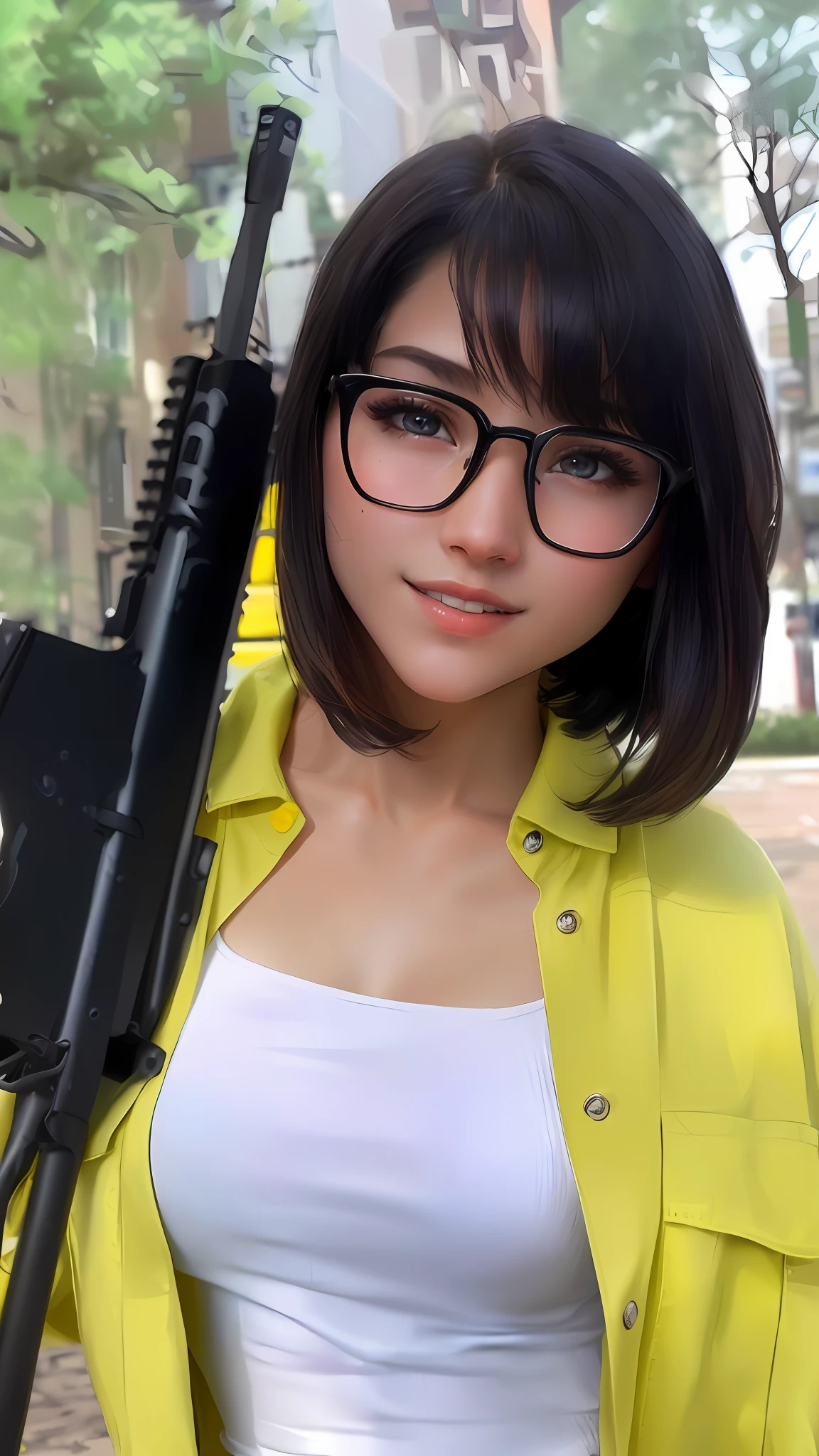 ((medium breast, tomboy girls, small head)),  (chiseled abs : 1.1), (perfect body : 1.1), (short wavy hair : 1.2) , auburn hair, collar, chain, full body shot, crowded street, wearing black tanktop, jeans jacket, ((shorts)), (extremely detailed CG 8k wallpaper), (an extremely delicate and beautiful), (masterpiece), (best quality:1.0), (ultra highres:1.0),  beautiful lighting ,perfect lightning, realistic shadows, [highres], detailed skin, ultra-detailed (((colorful)))