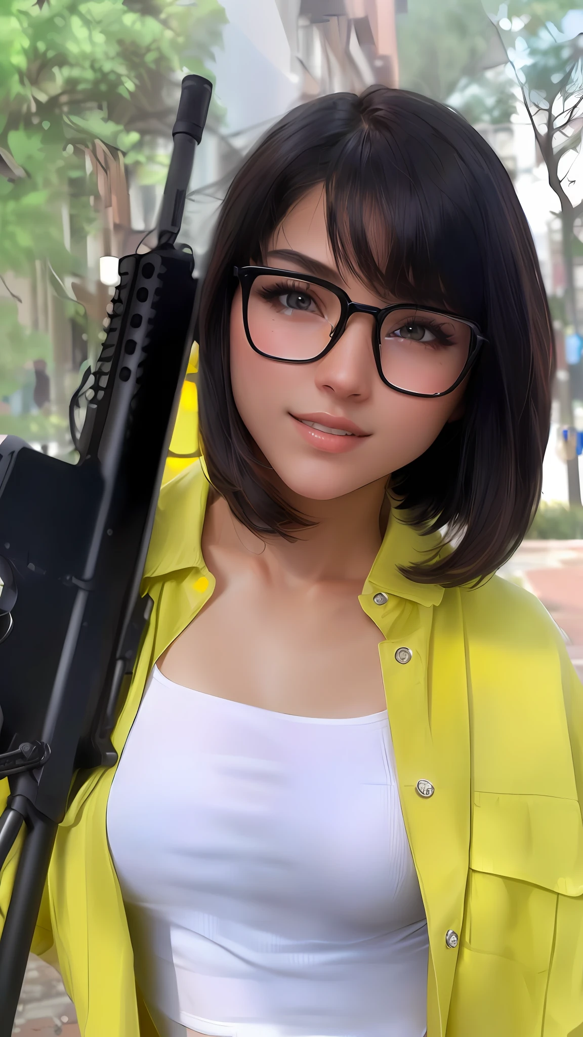 ((medium breast, tomboy girls, small head)),  (chiseled abs : 1.1), (perfect body : 1.1), (short wavy hair : 1.2) , auburn hair, collar, chain, full body shot, crowded street, wearing black tanktop, jeans jacket, ((shorts)), (extremely detailed CG 8k wallpaper), (an extremely delicate and beautiful), (masterpiece), (best quality:1.0), (ultra highres:1.0),  beautiful lighting ,perfect lightning, realistic shadows, [highres], detailed skin, ultra-detailed (((colorful)))