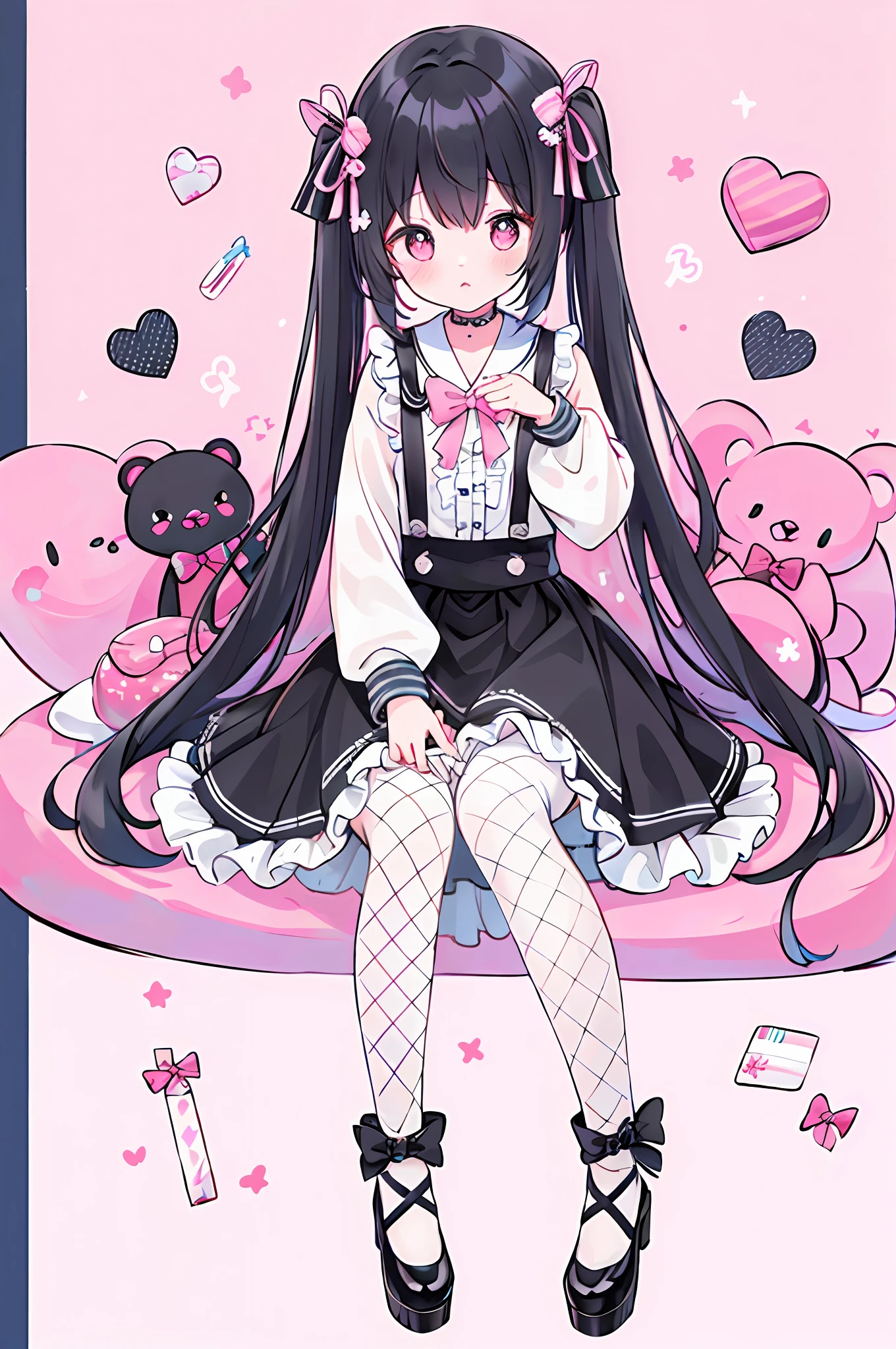 masterpiece, best quality, (jirai_kei),1girl, solo, long_hair, looking_at_viewer, shirt, black_hair, long_sleeves, bow, ribbon, twintails, sitting, monochrome, hair_bow, heart, pantyhose, frills, food, shoes, choker, blunt_bangs, black_skirt, pink_eyes, stuffed_toy, pink_background, stuffed_animal, frilled_skirt, pink_bow, (fishnets), candy, bandaid, pink_shirt, teddy_bear, lollipop, (fishnet_pantyhose), platform_footwear, pink_theme, pill, heart-shaped pupils,