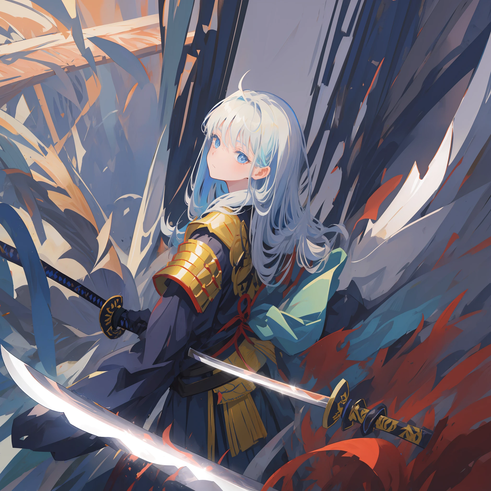 Kizi,long azure hair,Dark blue eyes,With his back to the camera,Side face,katana swords,Samurai armor,With a dull expression