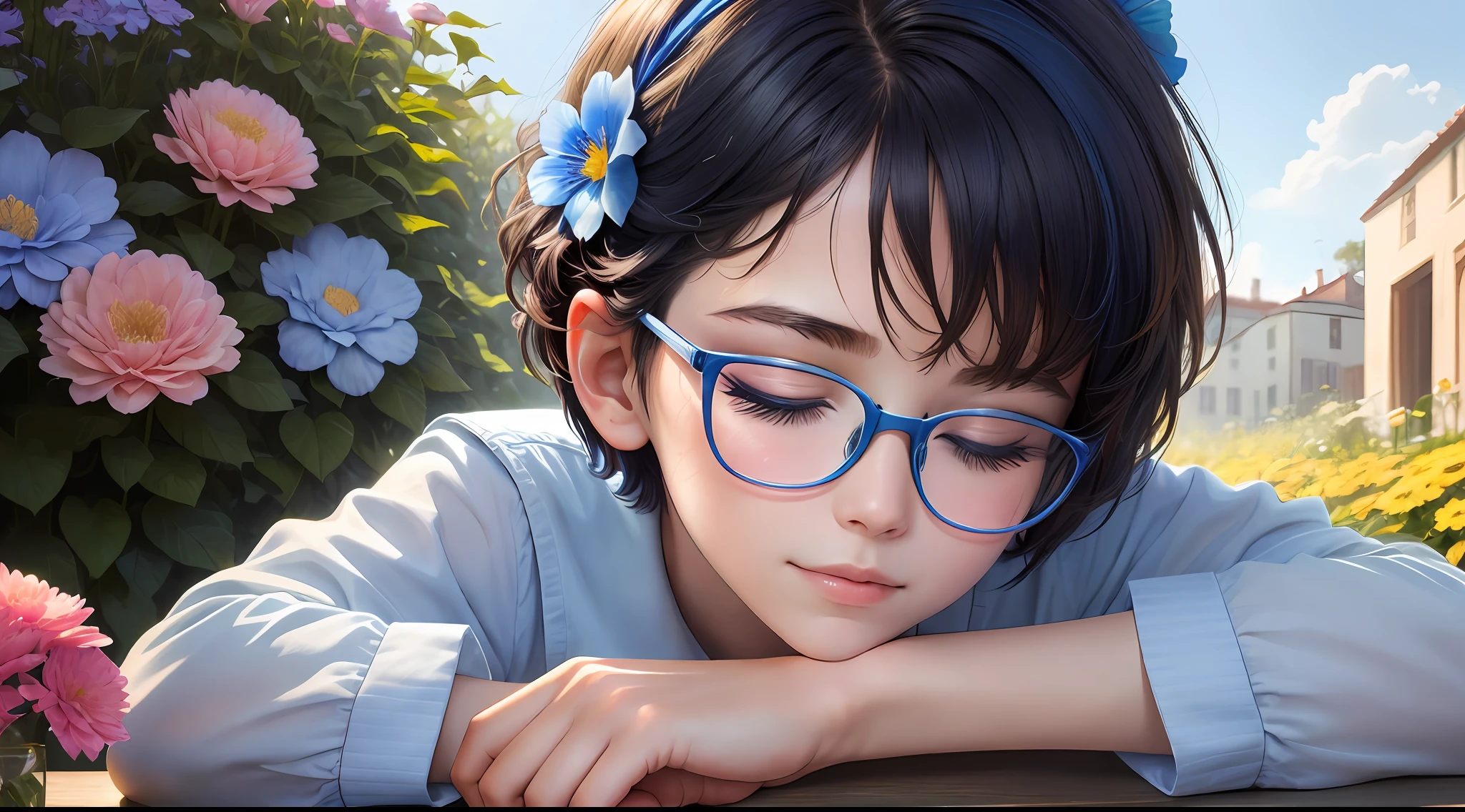 (A high resolution,High illumination,4K),blue rimmed glasses,Long face,1boys,the face,Detailed face,eBlue eyes,Flower garden,Very short hair,She has a butterfly on her head,close-up face,The sun at noon,ssmile,:),looking at viewert,Close range - intensity,Blue shirt,Eyes half-closed,