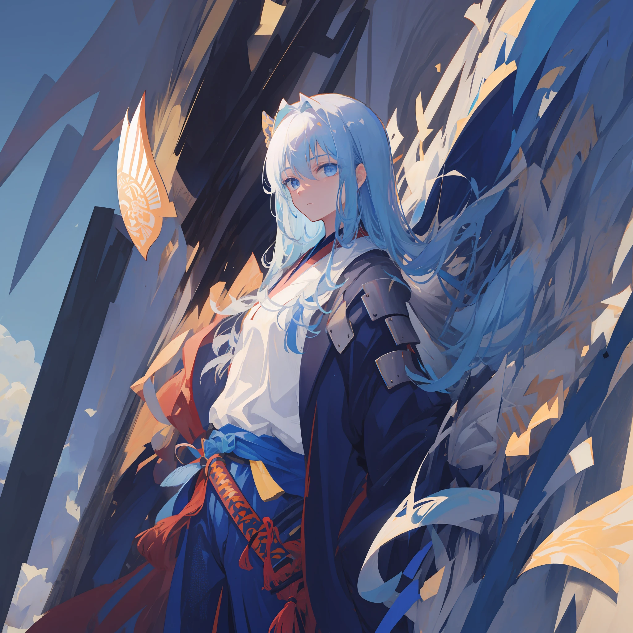 Kizi,long azure hair,Dark blue eyes,With his back to the camera,Side face,katana swords,Samurai armor,With a dull expression