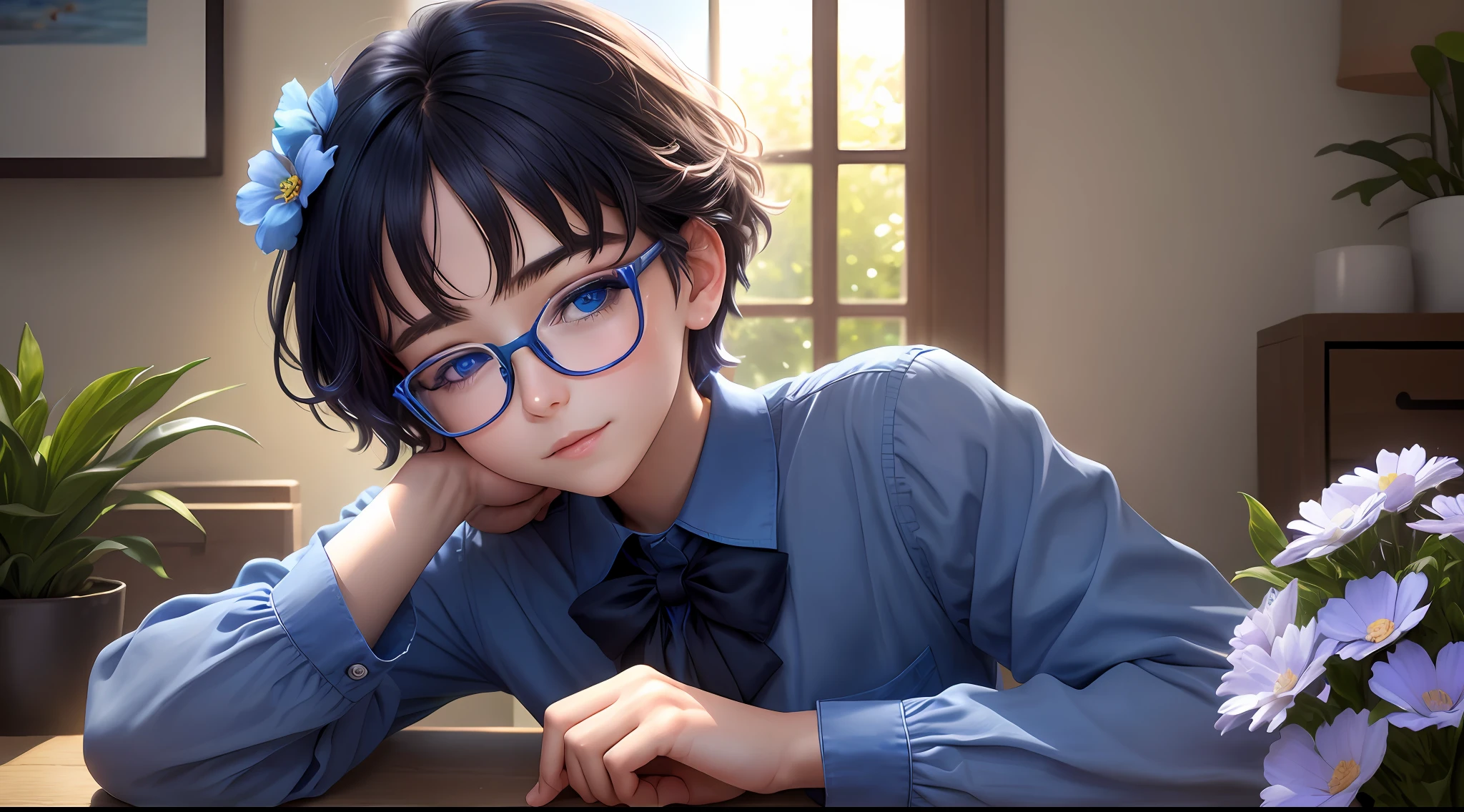 （A high resolution，High illumination，4K），blue rimmed glasses，Long face，1boys，the face，Detailed face，eBlue eyes，Flower garden，Very short hair，She has a butterfly on her head，close-up face，The sun at noon，ssmile，:)，looking at viewert，Close range - intensity，Blue shirt，Eyes half-closed，