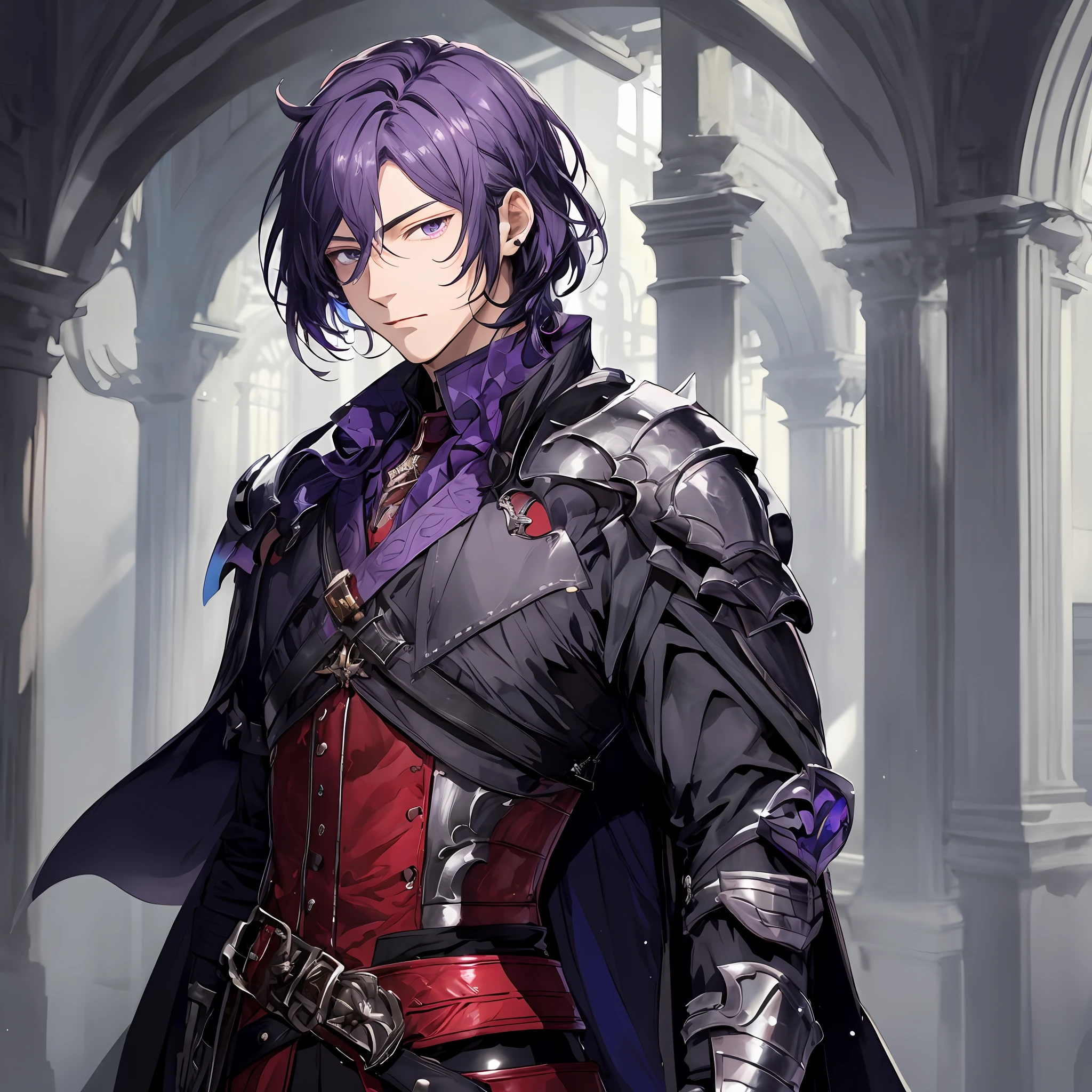 masterpiece, best quality, 1man, adult, male focus, solo, medium hair, black purpleish hair, vibrant black eyes, looking at viewer, cape, High quality metal texture, overcoat, closed mouth, upper body, bangs, high collar,(kbxll:0.6), Fantasy aesthetics, Highly detailed, shadowverse style, armored gloves, metallic gloves