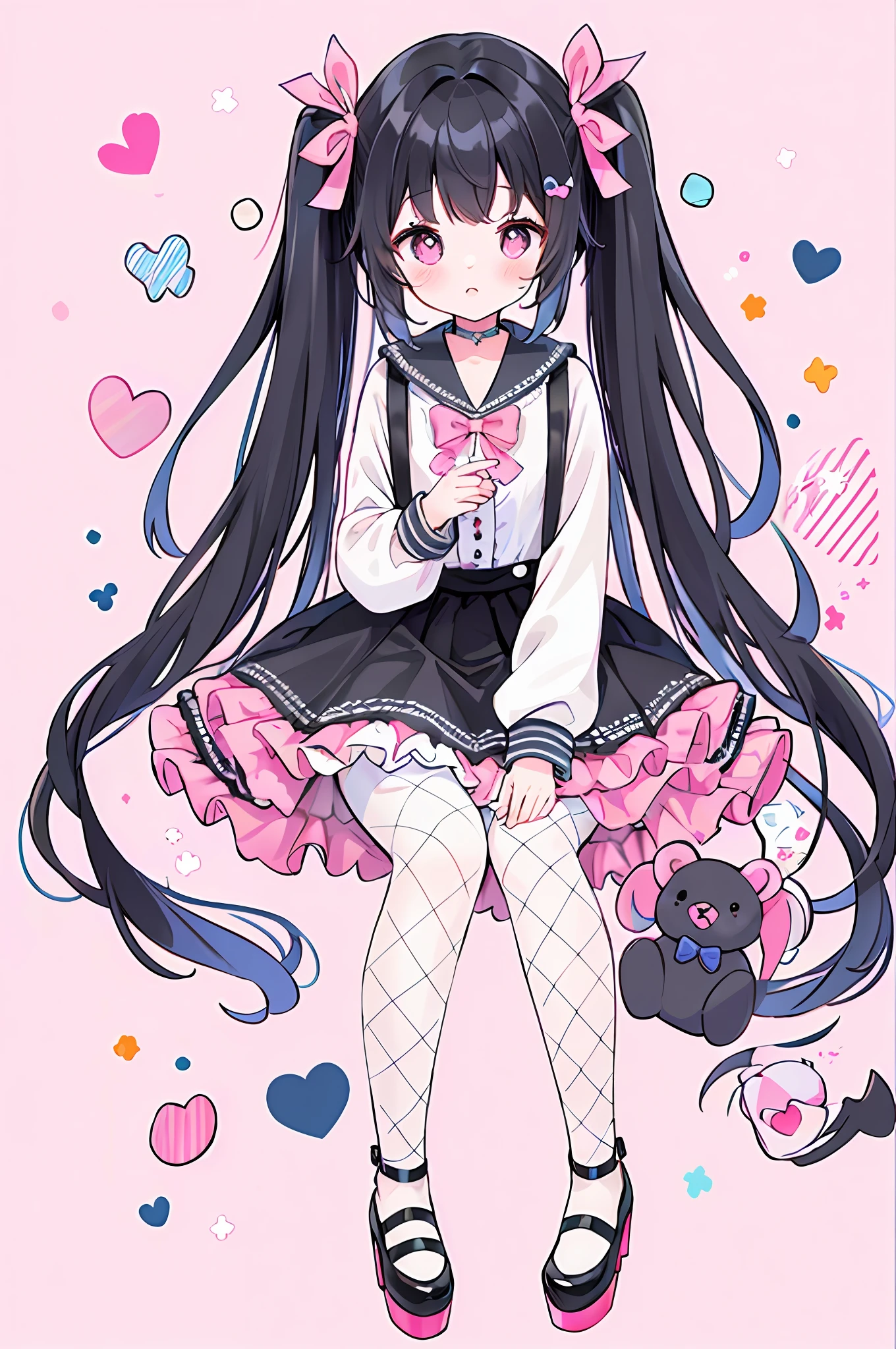 masterpiece, best quality, (jirai_kei),1girl, solo, long_hair, looking_at_viewer, shirt, black_hair, long_sleeves, bow, ribbon, twintails, sitting, monochrome, hair_bow, heart, pantyhose, frills, food, shoes, choker, blunt_bangs, black_skirt, pink_eyes, stuffed_toy, pink_background, stuffed_animal, frilled_skirt, pink_bow, (fishnets), candy, bandaid, pink_shirt, teddy_bear, lollipop, (fishnet_pantyhose), platform_footwear, pink_theme, pill, heart-shaped pupils,