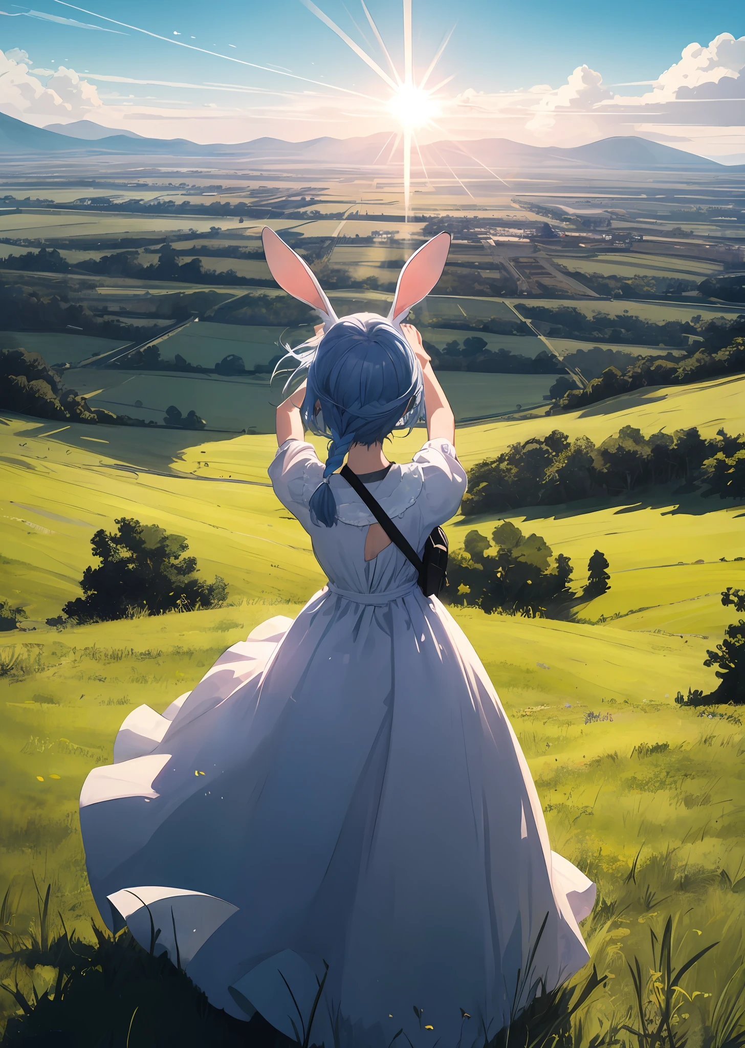 （人物：Usada Pekora）， bunnygirl， blue  hair， Double up braid， one-girl， 独奏， Wide sky，the beautiful skyline，extensive grasslands，the extremely tense and dramatic pictures，the moving visual effects，the high-hanging Polaris，colorful natural glare。Girl in dress，Side cloud backpack