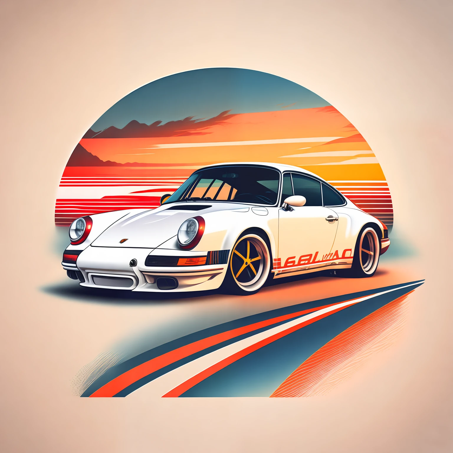 Artwork for T-shirt graphic design,A retro graphic design,porsche911,Highly detailed detail,Vector image,Photorealistic masterpiece,professional photoshooting,realistic cars,Simple sunrise background of car,white backgrounid,hostel,For t-shirts designed with Adobe illustrators