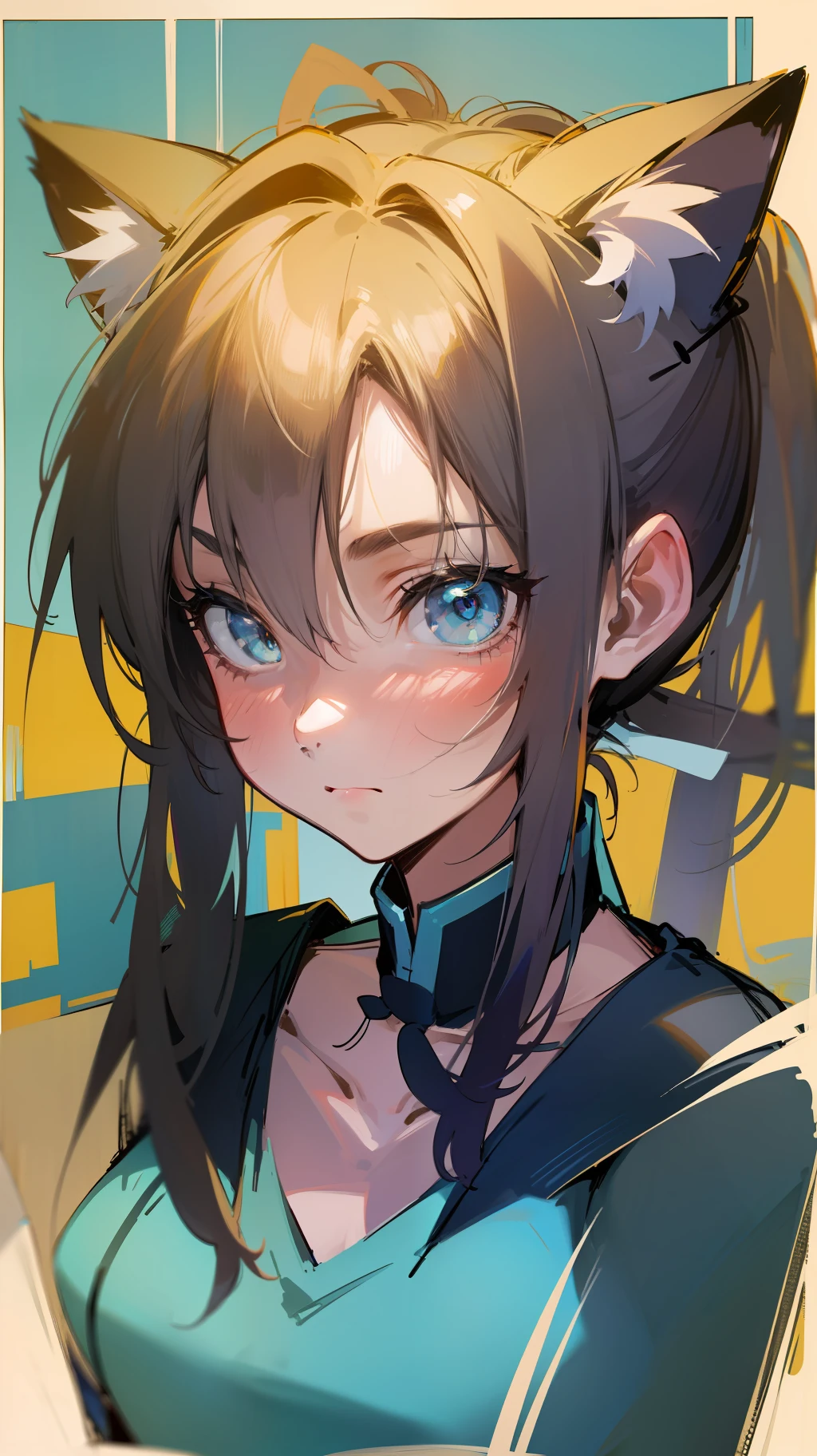 best qualtiy, tmasterpiece, 超高分辨率,Turquoise eyes,Cat ears,Blonde hair high ponytail,s girl,soio,solid color backdrop,A shy expression,Casual attire