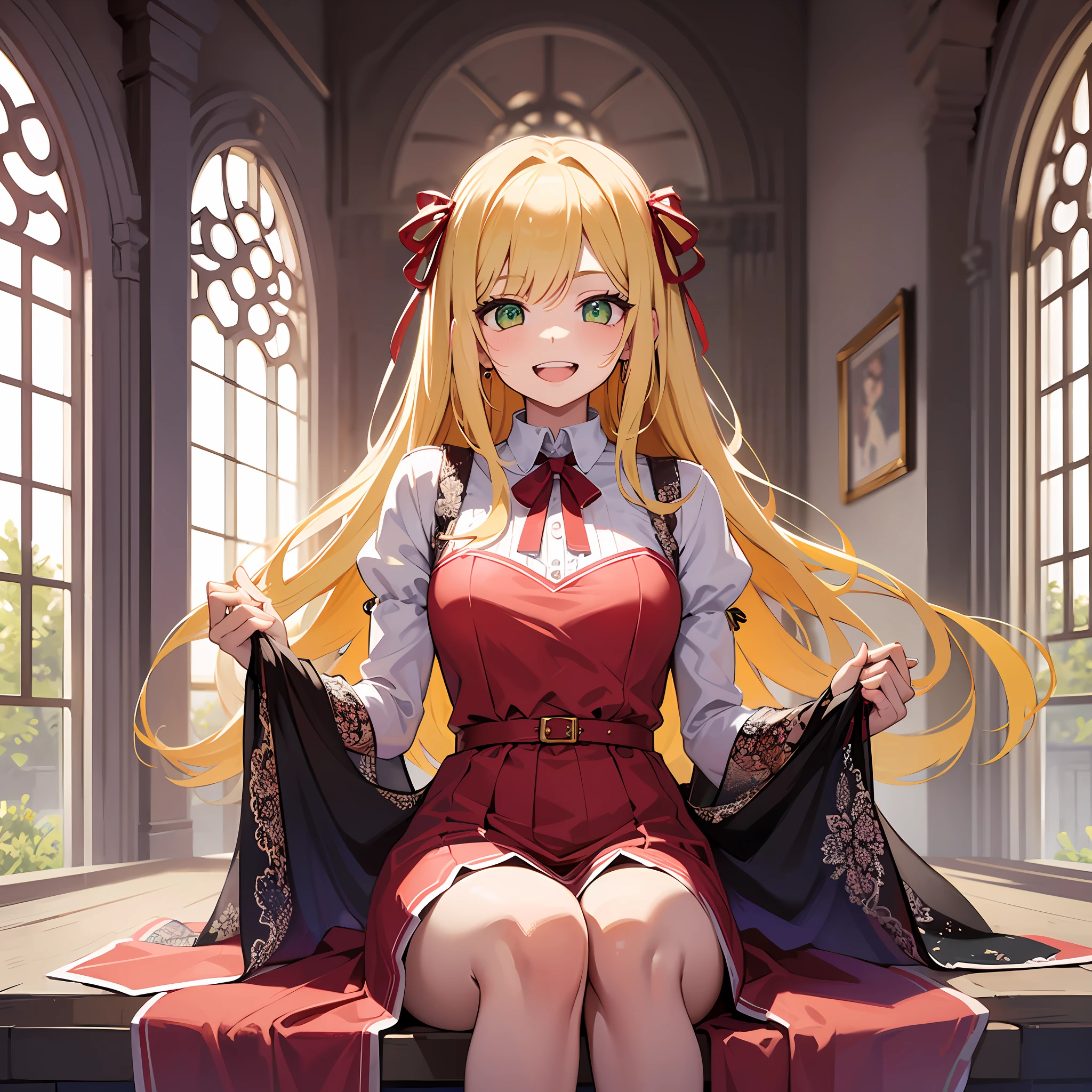 (masterpiece:1.3), (best quality:1.3), high resolution,
couboy shot,
sitting,
(one cute girl:1.3), solo,
white skin, small Breast, eight-headed person,
green eyes, light yellow hair, long hair, red ribbon, fluffy hair, beautiful hair, beautiful detailed eyes,
open mouth, grin, cheerful smile,
short dress, pink dresses,
indoors, inside the castle, luxury rooms,