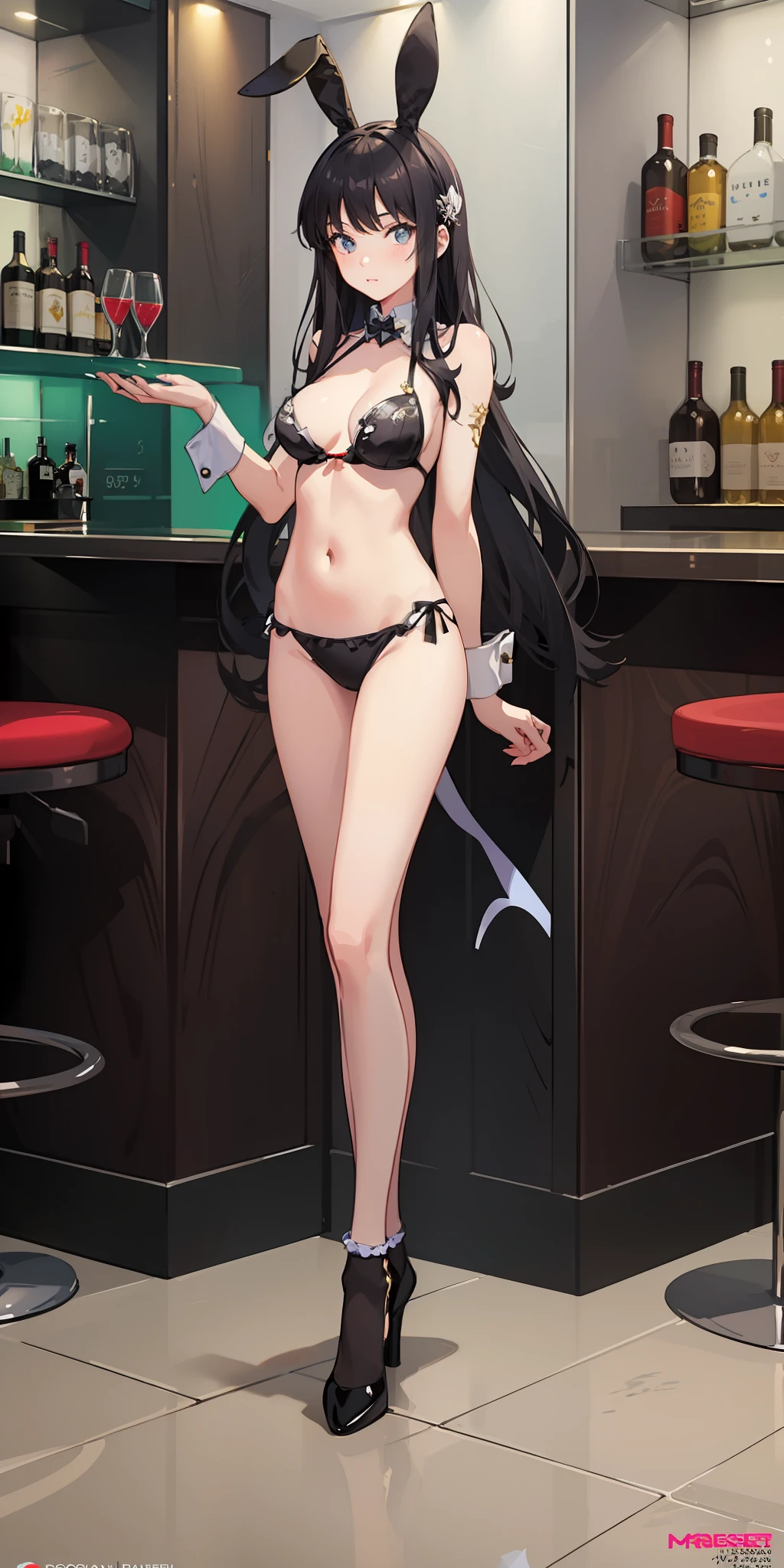 masterpiece, best quality, ultra-detailed, illustration,1girl,
long hair, black hair,
medium breast, slim legs, navel, nervous, bunny girl outfit, net sock, bar