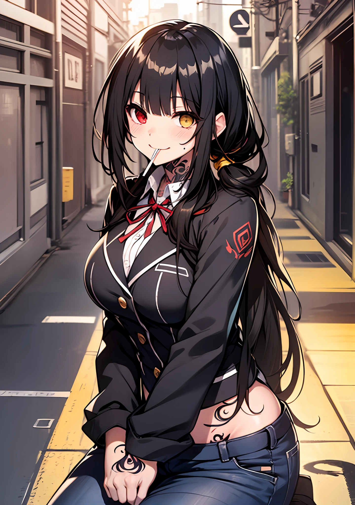 Masterpiece, high quality, ultra quality, best lighting, 1girl, ((tokisaki kurumi)), long hair, black hair, (((low twintails))), monochrome, ((right red eye:1, left yellow eye:1)), school uniform, ((mini school uniform)), ((mini pants)), ((big breast)), ((big thigh)), smile, smoking, blush, cute face, ((gesugao face)), sitting, sexy body, sexy, tattooed full body, tattooed face, (((tattooed))),looking at viewer, large the breast, nsfw, (((car)))