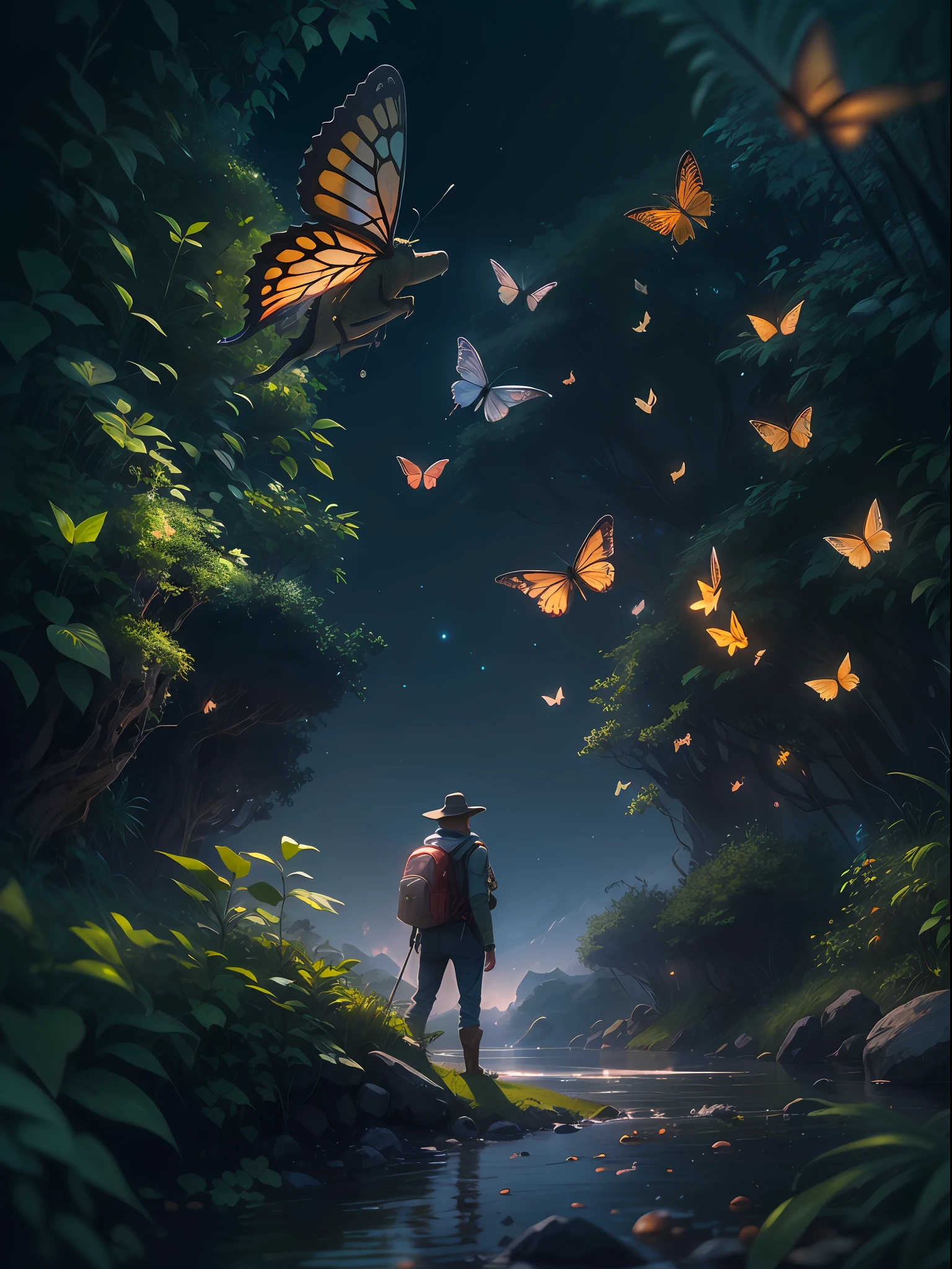 ((best qualtiy)), ((tmasterpiece)), (A detailed:1.4),Enhanced dynamic perspective,jungles,nighttime scene,starrysky,(darkly:1.4),((The old adventurer stands in front of a supergiant butterfly,Butterflies sparkle in the moonlight,A starry stream flowed in front of him)),Crocodiles float on the water,(Adventurer backpack),(weeds),florals,(((adventurer clothing))),super-fine,Works of masters,high qulity,8K分辨率,depth of fields,电影灯光,Epic shooting,high qulity,super-fine,Detailed pubic hair,Accurate,Cinematic lighting,
