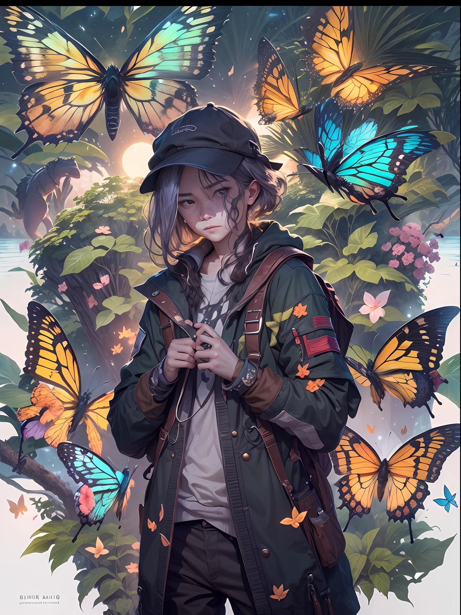 ((best qualtiy)), ((tmasterpiece)), (A detailed:1.4),Enhanced dynamic perspective,jungles,nighttime scene,starrysky,(darkly:1.4),((The old adventurer stands in front of a supergiant butterfly,Butterflies sparkle in the moonlight,A starry stream flowed in front of him)),Crocodiles float on the water,(Adventurer backpack),(weeds),florals,(((adventurer clothing))),super-fine,Works of masters,high qulity,8K分辨率,depth of fields,电影灯光,Epic shooting,high qulity,super-fine,Detailed pubic hair,Accurate,Cinematic lighting,