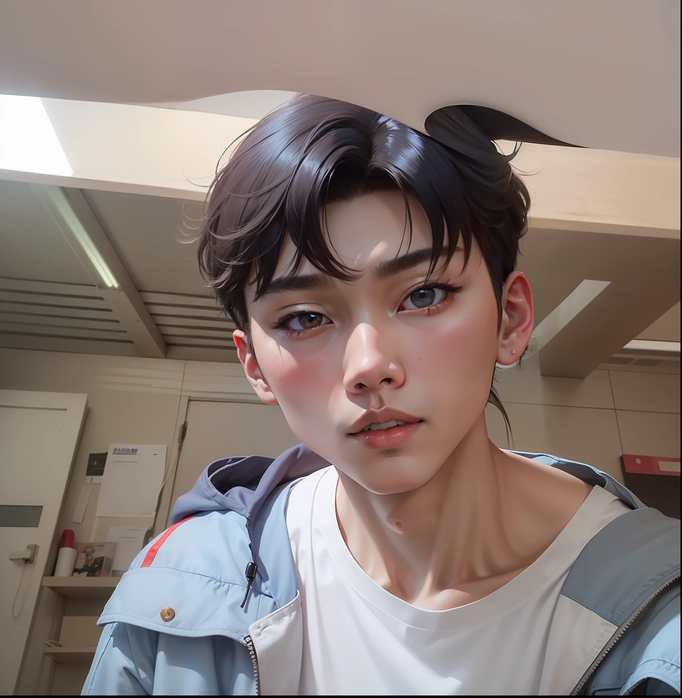 There is a man with a bow and a blue jacket on his head, hong june hyung, South Korean male, hyung tae, wan adorable korean face, Shin Jinying, yanjun cheng, inspired by Kim Myeong-guk, Male ulzzang, 8k selfie photograph, inspired by jeonseok lee, jimin, Kim Do-young, hyung tae kim