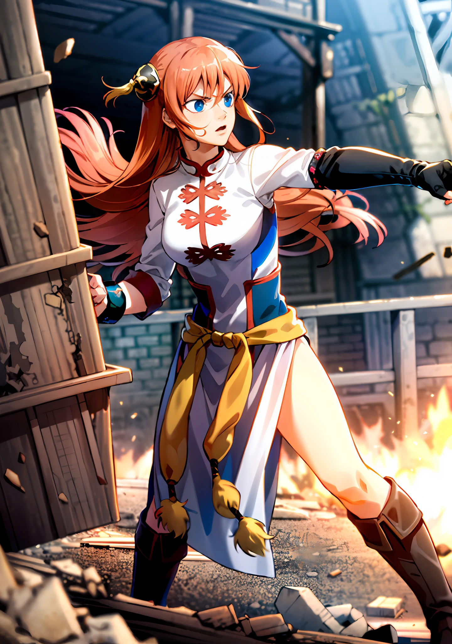 A girl fights a dragon in a ruined city, wearing fighting gear, ultra detailed, best quality, full body, cowboy shot