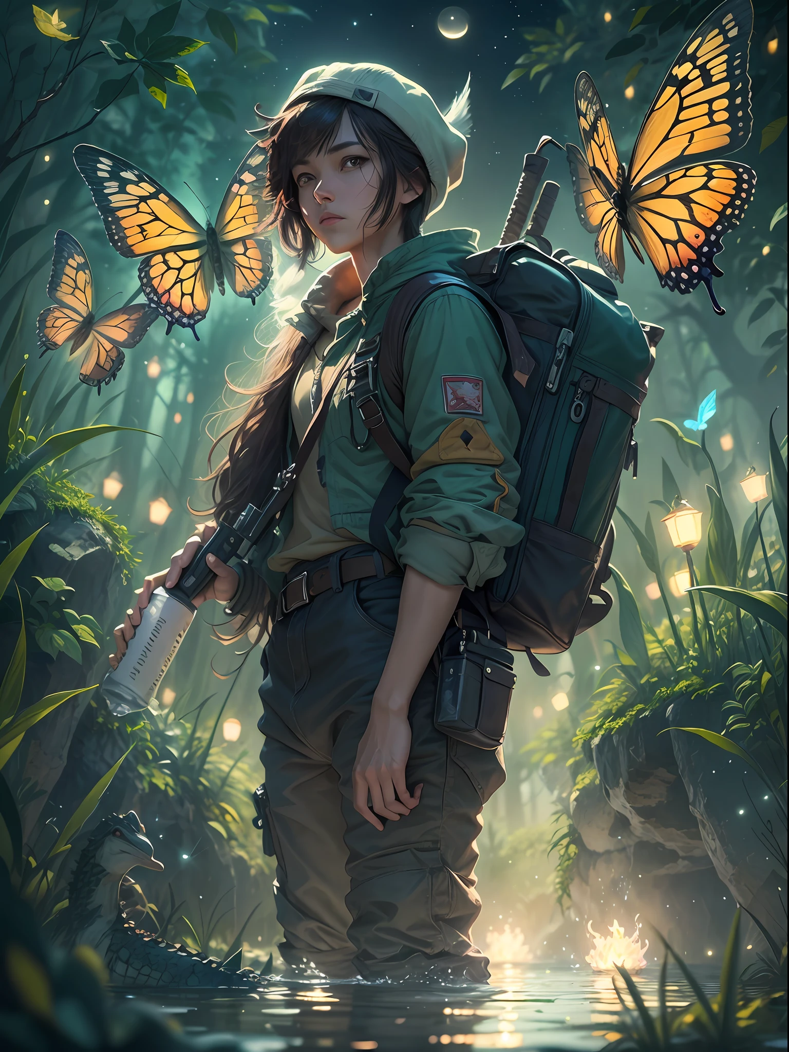 （（best qualtiy））， （（tmasterpiece））， （A detailed：1.4），Enhanced dynamic perspective，jungles，nighttime scene，starrysky，（darkly：1.4），（（The old adventurer stands in front of a supergiant butterfly，Butterflies sparkle in the moonlight，A starry stream flowed in front of him）），Crocodiles float on the water，（Adventurer backpack），（weeds），florals，（（（adventurer clothing））），super-fine，Works of masters，high qulity，8K分辨率，depth of fields，电影灯光，Epic shooting，high qulity，super-fine，Detailed pubic hair，Accurate，Cinematic lighting，