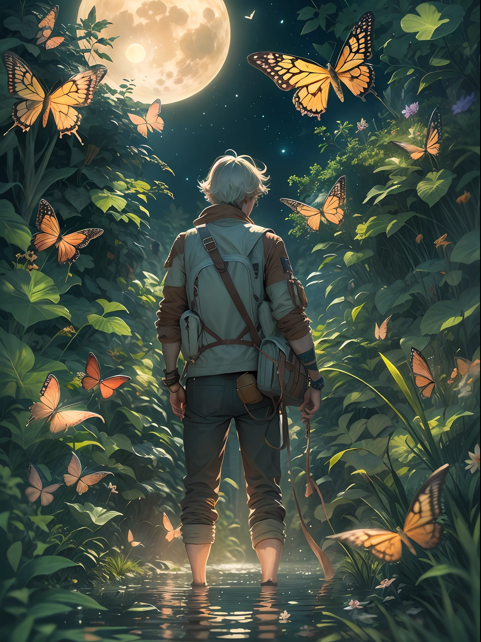((best qualtiy)), ((tmasterpiece)), (A detailed:1.4),Enhanced dynamic perspective,jungles,nighttime scene,starrysky,(darkly:1.4),((The old adventurer stands in front of a supergiant butterfly,Butterflies sparkle in the moonlight,A starry stream flowed in front of him)),Crocodiles float on the water,(Adventurer backpack),(weeds),florals,(((adventurer clothing))),super-fine,Works of masters,high qulity,8K分辨率,depth of fields,电影灯光,Epic shooting,high qulity,super-fine,Detailed pubic hair,Accurate,Cinematic lighting,
