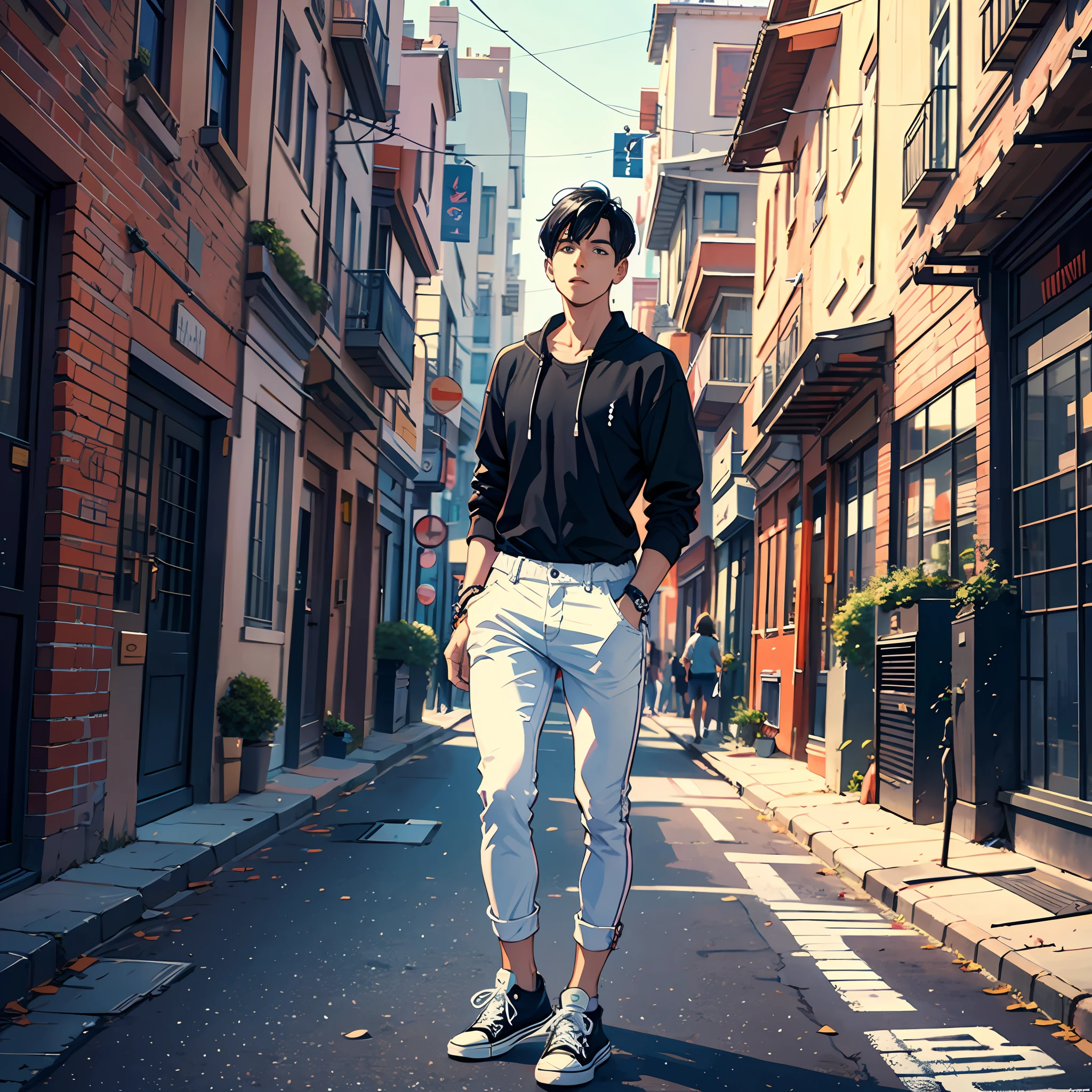 Illustration of a street scene with people and a man in the middle of a city, white jeans, Black Hair Blouse and Sneakers All Star Converse, Several scenes he looks for a beautiful woman but does not find