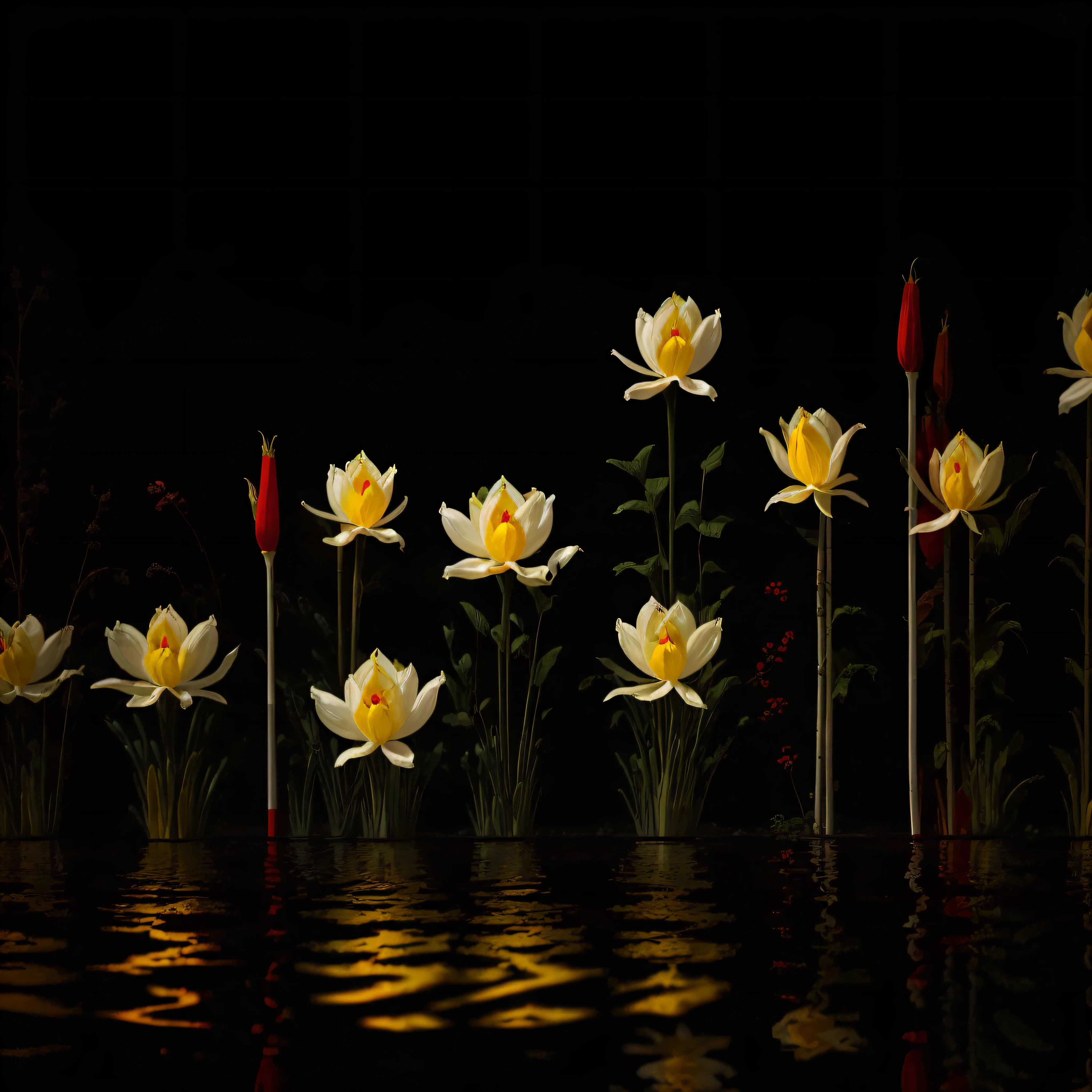 pattern, 2k, 2d, Narcissus, indian red color, white color, black color, neon yellow grenn colors, with white background --auto