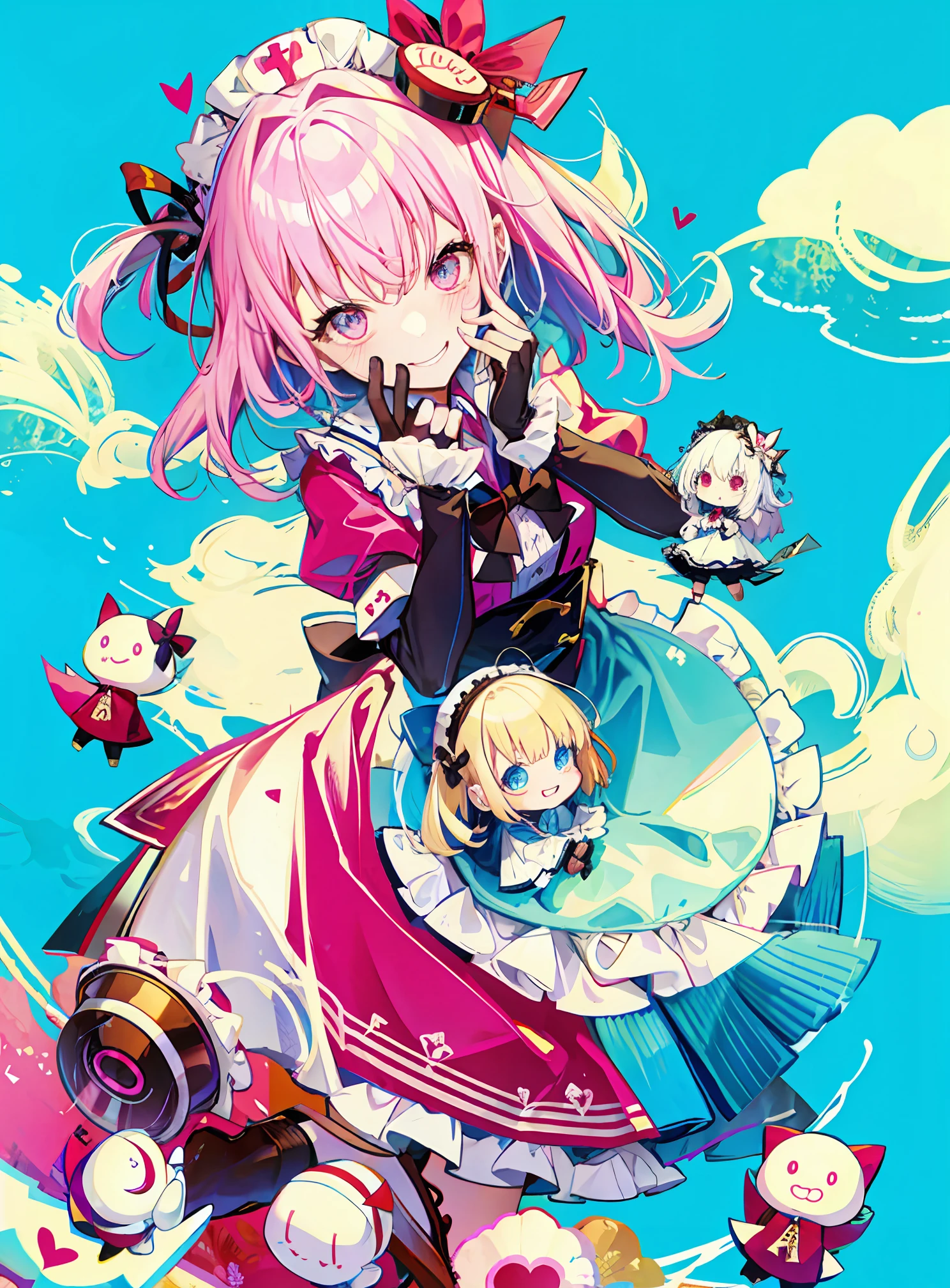 1girll,maidennurse，Sick，doll，love heart，Bow knot，bloods，short sword，mad grin，Love eyes