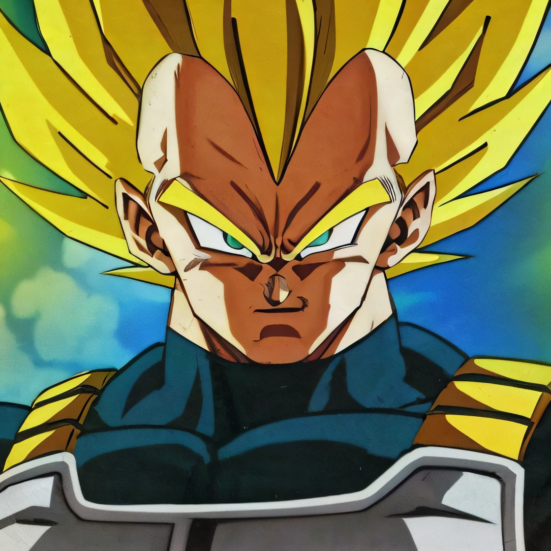 Um close up de um desenho animado de um Gohan com um fundo amarelo e azul, Vegeta, with vegeta head hair, prince vegeta, Super Saiyajin, Super Saiyajin Joe Biden, Personagem Dragonball, indo super saiyajin, Cabelo selvagem Saiyajin preto espetado, Super Sayan, Armadura Saiyajin, arte conceitual de dragon ball, Gogeta --auto