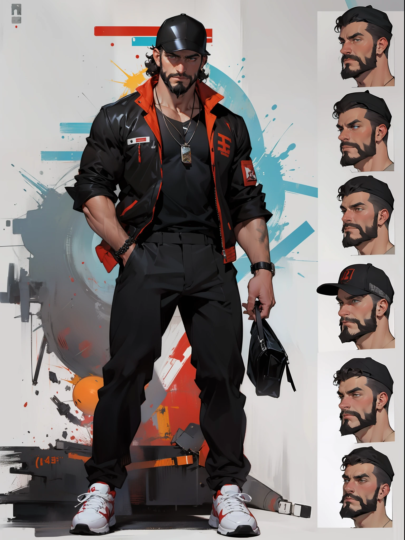 character sheet, white male with very curly short hair and beard, red baseball cap, black and red utility jacket, motorist, high quality, handsome, black pleated suit pants, mild body hair, messy look, rugged, different facial expressions, full body, white shirt, red beaded and elaborate necklace
