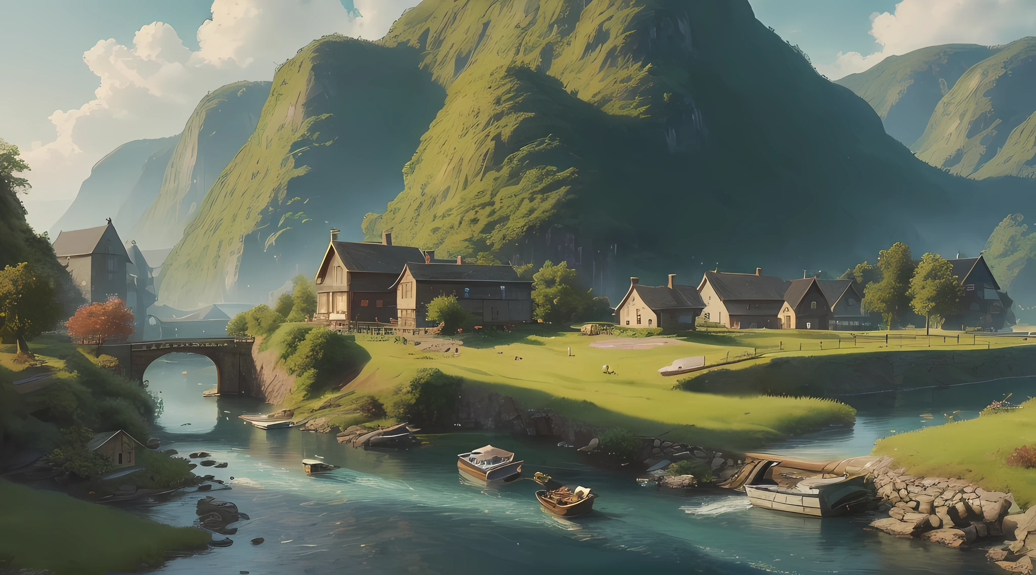 painting of a boat on a river with a village in the background, a matte painting by Arthur Pan, trending on cg society, fantasy art, beautiful art uhd 4 k, hd wallpaper, peaceful landscape, dream scenery art, beautiful oil matte painting, landscape wallpaper, scenery wallpaper, idyllic cottage, amazing wallpaper, beautiful wallpaper, 4k highly detailed digital art, nature wallpaper