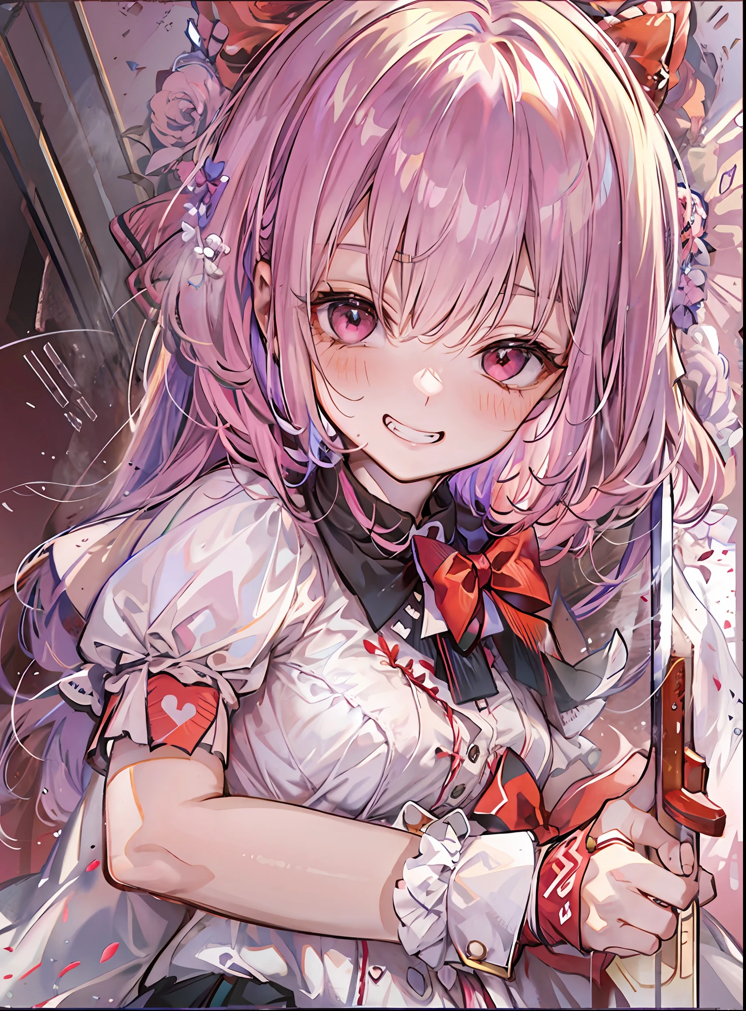 1girll,maidennurse，Sick，doll，love heart，Bow knot，bloods，short sword，mad grin，Love eyes