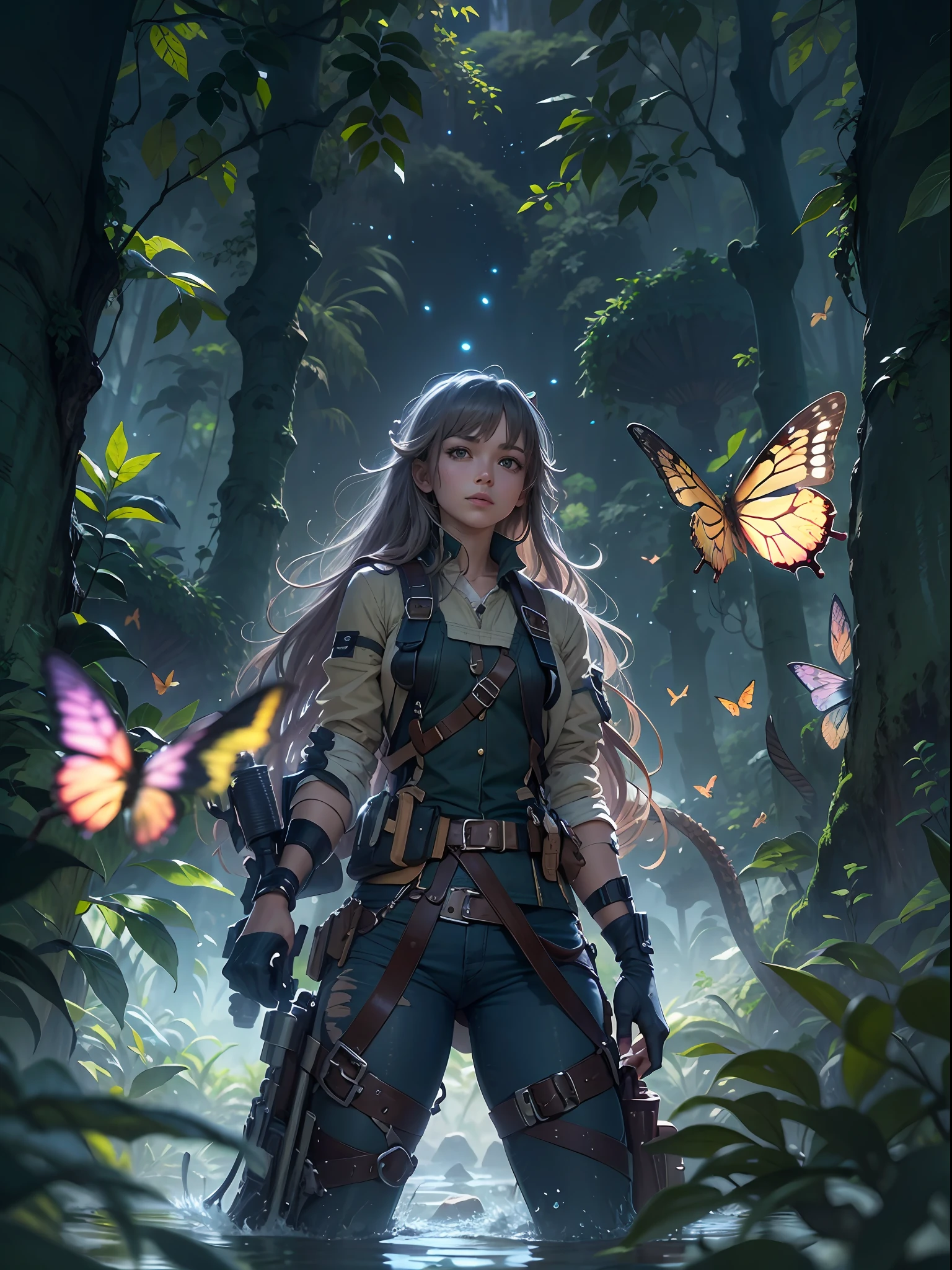 （（best qualtiy））， （（tmasterpiece））， （A detailed：1.4），Enhanced dynamic perspective，jungles，gigantic trees，nighttime scene，starrysky，（darkly：1.4），（（The old adventurer stands in front of an oversized butterfly）），（（Butterflies sparkle in the moonlight）），（（A starry stream flowed before him）），Crocodiles float on the water，（Adventurer backpack），（weeds），florals，（（（adventurer clothing））），super-fine，Works of masters，high qulity，8K分辨率，depth of fields，电影灯光，Epic shooting，high qulity，super-fine，Detailed pubic hair，Accurate，Cinematic lighting，