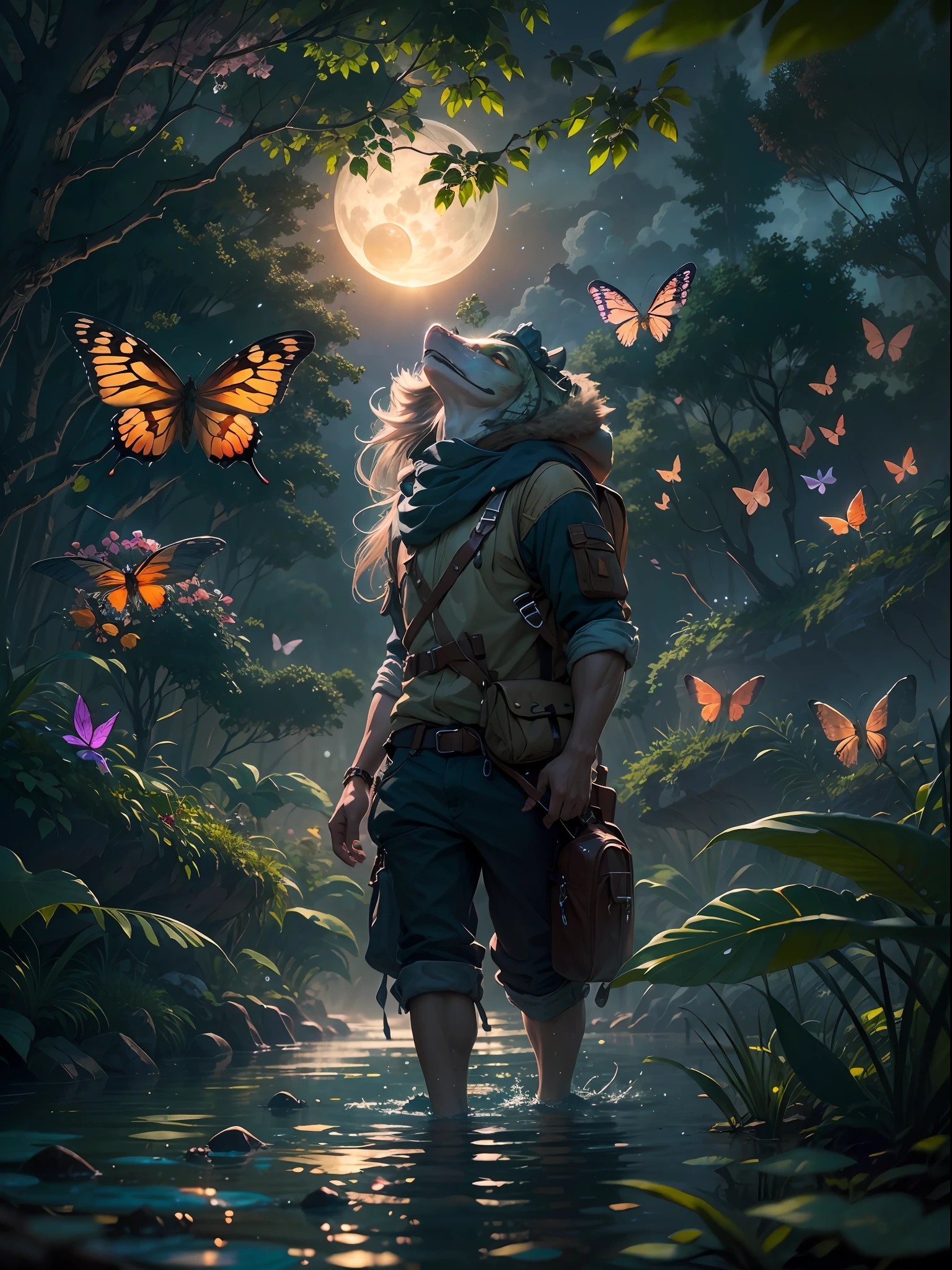 （（best qualtiy））， （（tmasterpiece））， （A detailed：1.4），Enhanced dynamic perspective，jungles，gigantic trees，nighttime scene，starrysky，（darkly：1.4），（（The old adventurer stands in front of an oversized butterfly）），（（Butterflies sparkle in the moonlight）），（（A starry stream flowed before him）），Crocodiles float on the water，（Adventurer backpack），（weeds），florals，（（（adventurer clothing））），super-fine，Works of masters，high qulity，8K分辨率，depth of fields，电影灯光，Epic shooting，high qulity，super-fine，Detailed pubic hair，Accurate，Cinematic lighting，