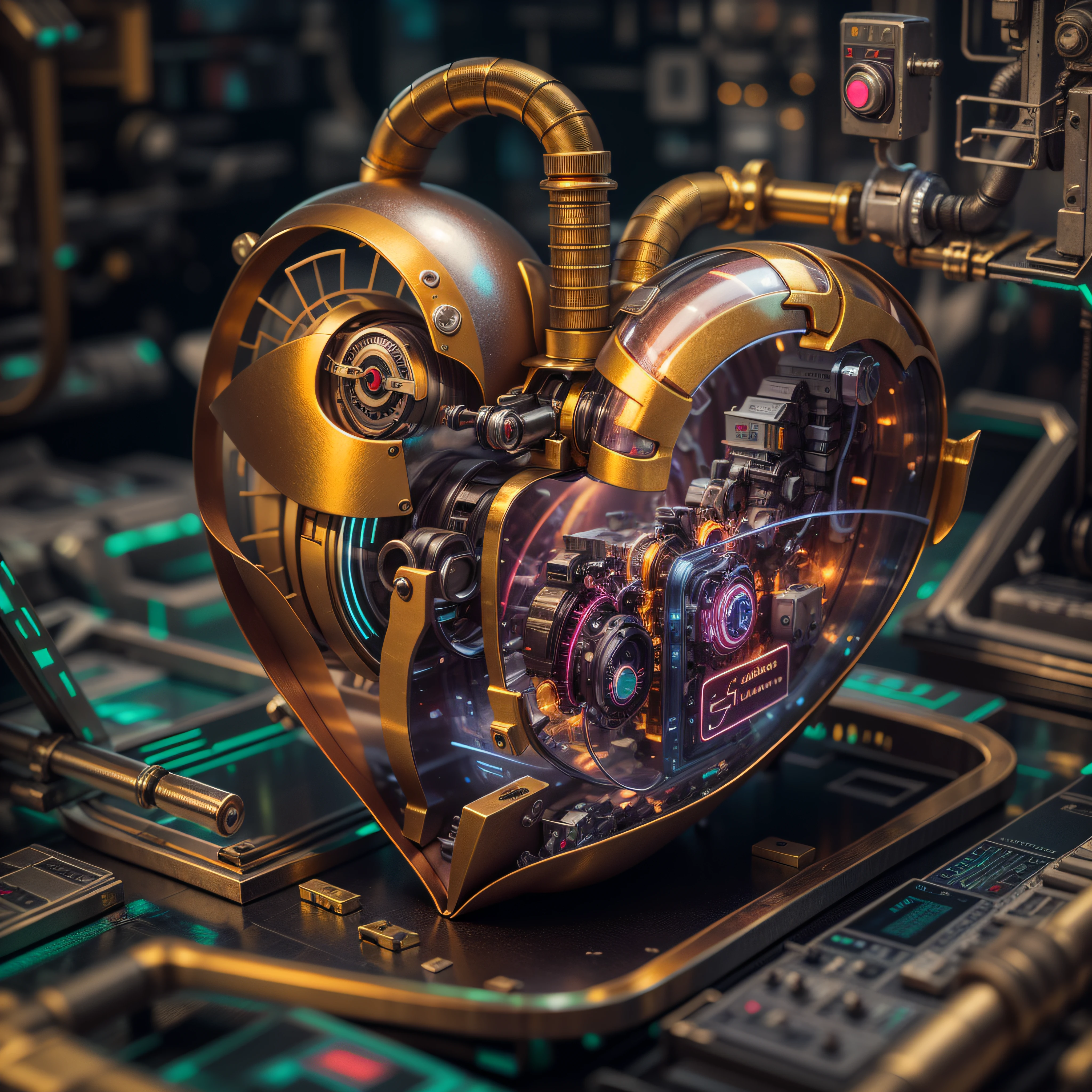 A small mechanical heart, real estate photography, 3d, deep colors, acidwave, cyber, futuristic, gold, metal, neoprene, satin, vinyl, fine art photography