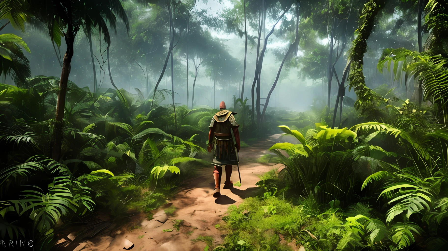 Mayan warrior, armored, walking on the Guatemalan jungle. Trees, vines, plants, bushes, exuberant tropical vegetation makes walk almost impossible. Lush tropical vegetation, vines. Foggy atmosphere, humid, dark. Some rays of light filtering from above.
Photography, photorealistic, realistic raytraicing. --auto