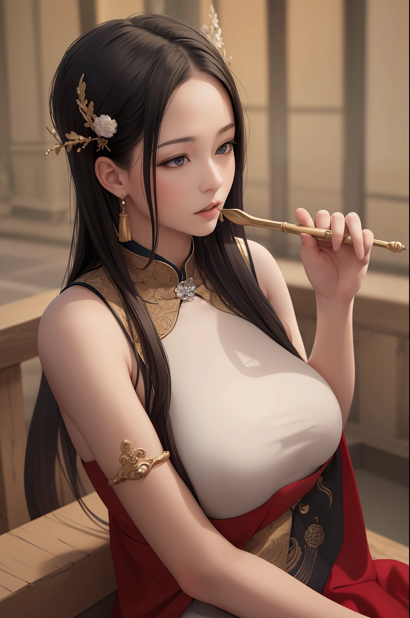 1boy,,upper body, oil painting, masterpiece, best quality, highres, , jewelry hairpin, large breast,riverside and rock or temple or bridge, extremely clothes, sitting, (song Dynasty, song clothing:1.2),