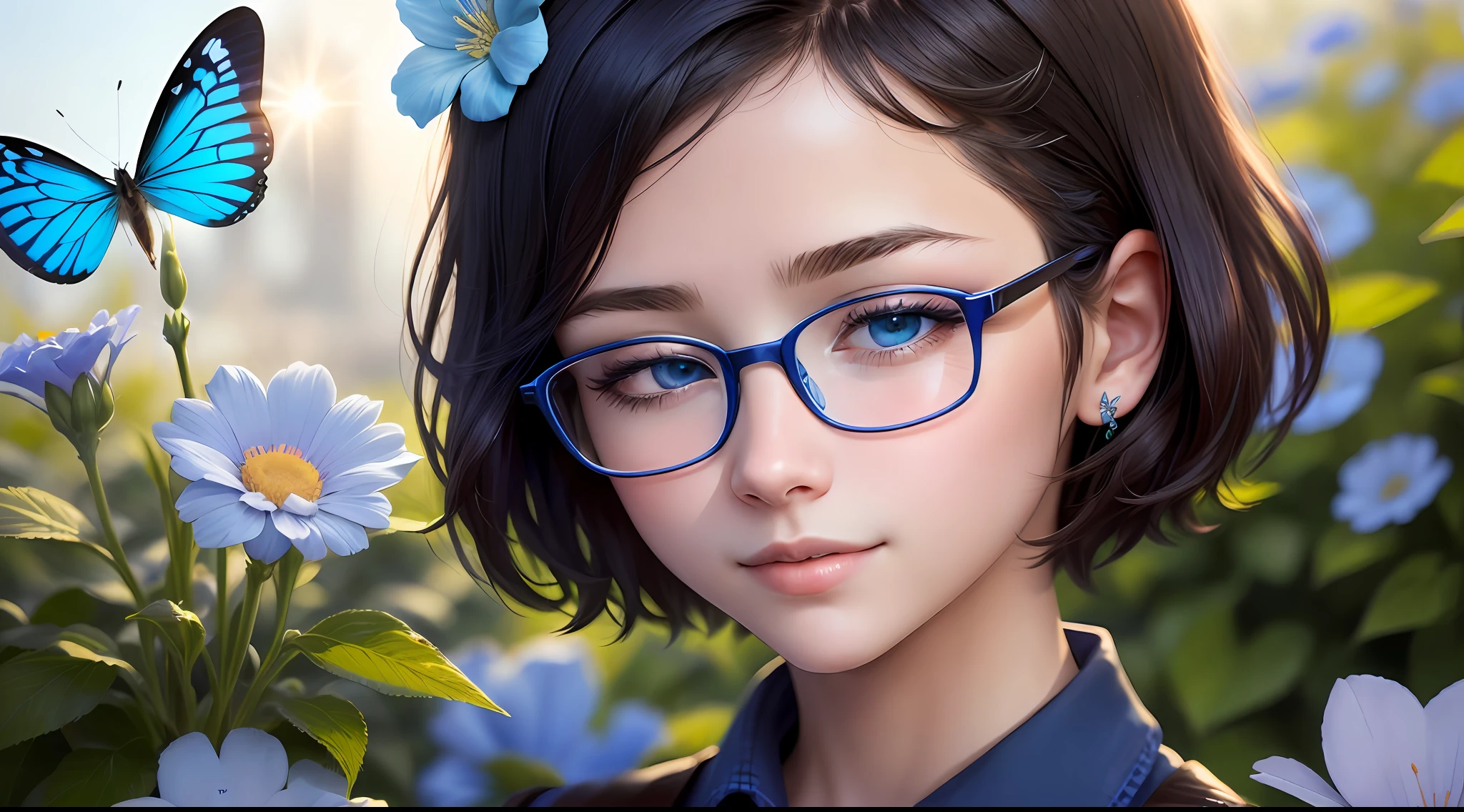(A high resolution,High illumination,4K),blue rimmed glasses,Long face,1boys,the face,Detailed face,eBlue eyes,Flower garden,Very short hair,She has a butterfly on her head,close-up face,The sun at noon,ssmile,:),looking at viewert,Close range - intensity,Blue shirt,Eyes half-closed,