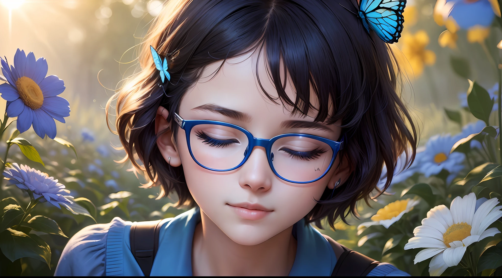 (A high resolution,High illumination,4K),blue rimmed glasses,Long face,1boys,the face,Detailed face,eBlue eyes,Flower garden,Very short hair,She has a butterfly on her head,close-up face,The sun at noon,ssmile,:),looking at viewert,Close range - intensity,Blue shirt,Eyes half-closed,