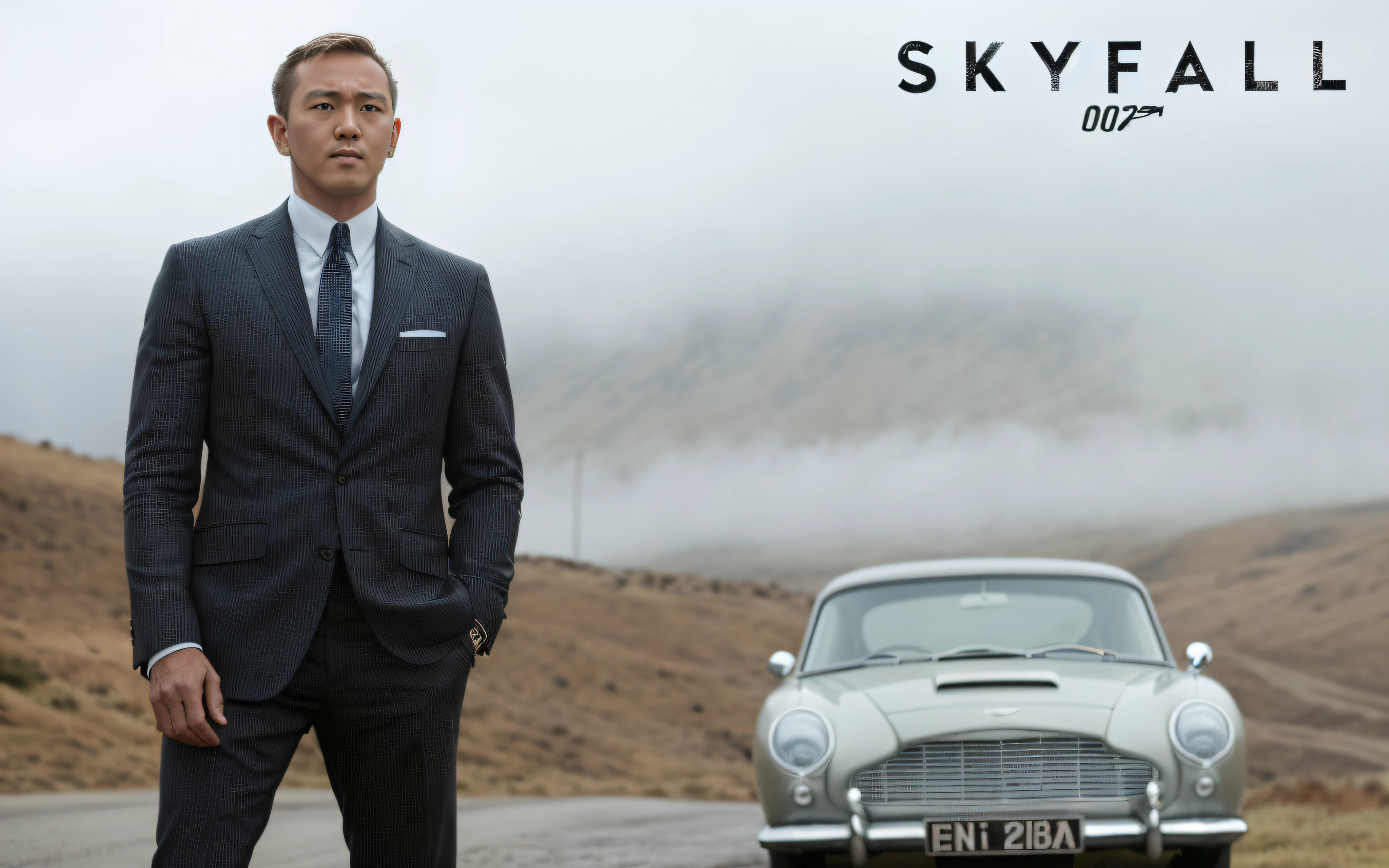 Image of a man in a suit standing next to a car in Arafod, heavy rain poured, James Bond's film stills, Still photo of James Bond, Classic Bond signature lens, James bond, daniel craig, Henry Cavill as James Bond, idris elba as james bond, # film, Bill Nye(English:Bill Nye) As James Bond, christopher nolan film style, poster shot, cinematic”