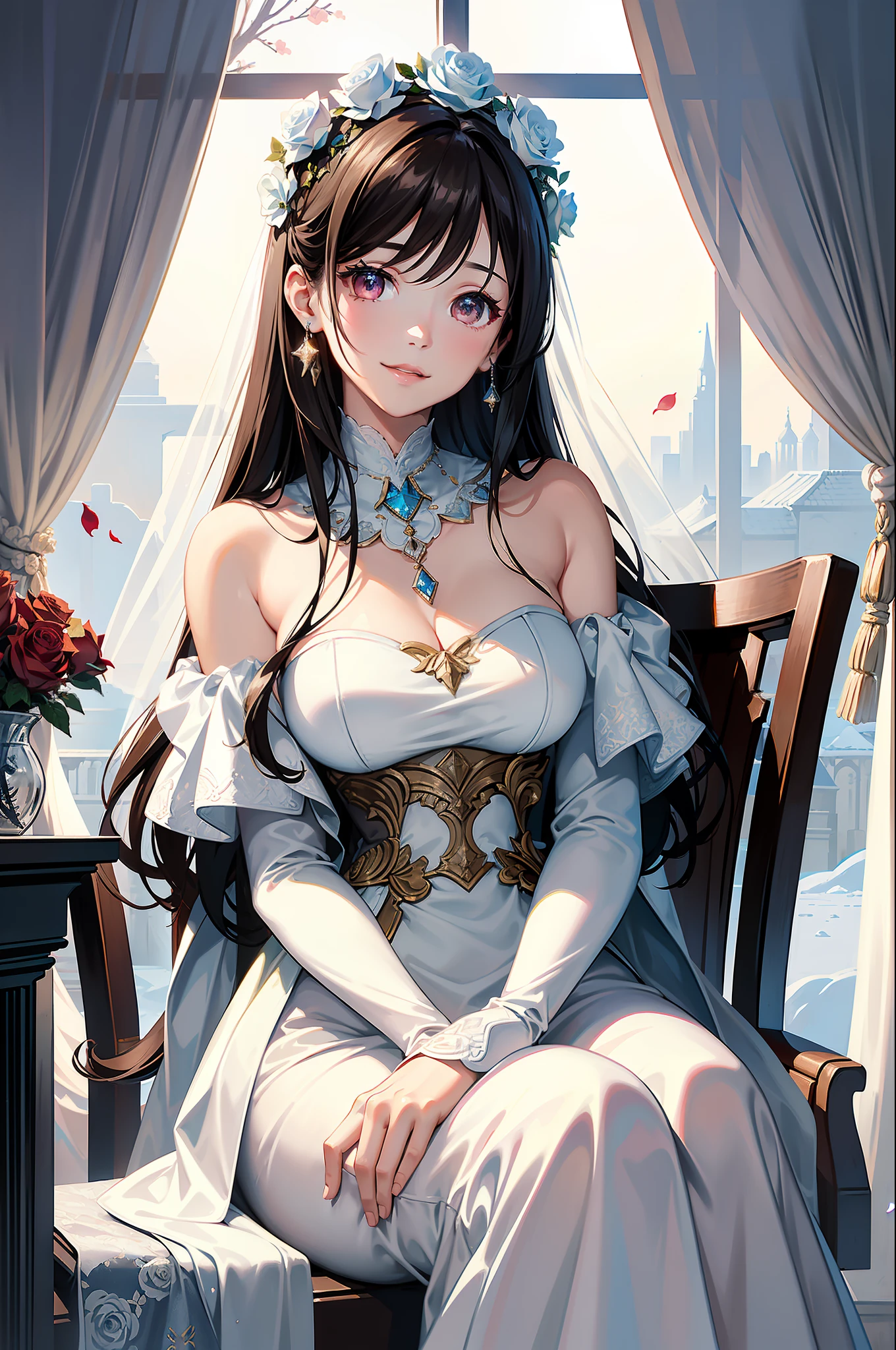 (A Masterpiece, BEST QUALITY, Highest grade, Official Art, aesthetic:1.2), (1 Mature girl(Rose):1.3), Straight long hair, brown Hair, Very fine, portrait、, Watching the viewer, one person, (fulllllbody:0.6), detailed background, crose up, Luminous eyes, Pale pink lips, soft lips, (Cold Arctic Winter theme:1. 1), wedding dress, bride, beautiful smile, Mysterious, sitting in chair, White romantic long dress,Colorful bouquets of flowers, Jewelry curtain on background, Dark mystical lighting, shadowy, Petals flutter, Starry Night, dutch angle