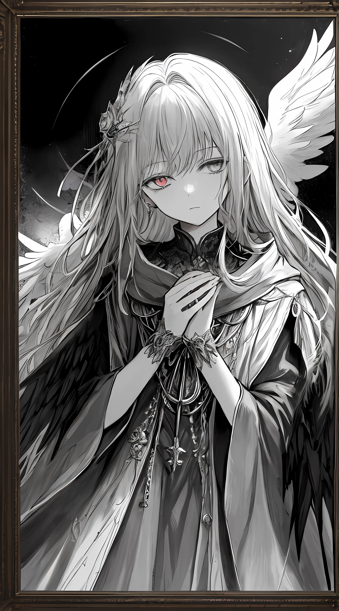 tmasterpiece，Portrait of an angel in prayer，Evil countenance，Three eyes，eye closeds，Black and white wings，A frame eroded by darkness and light