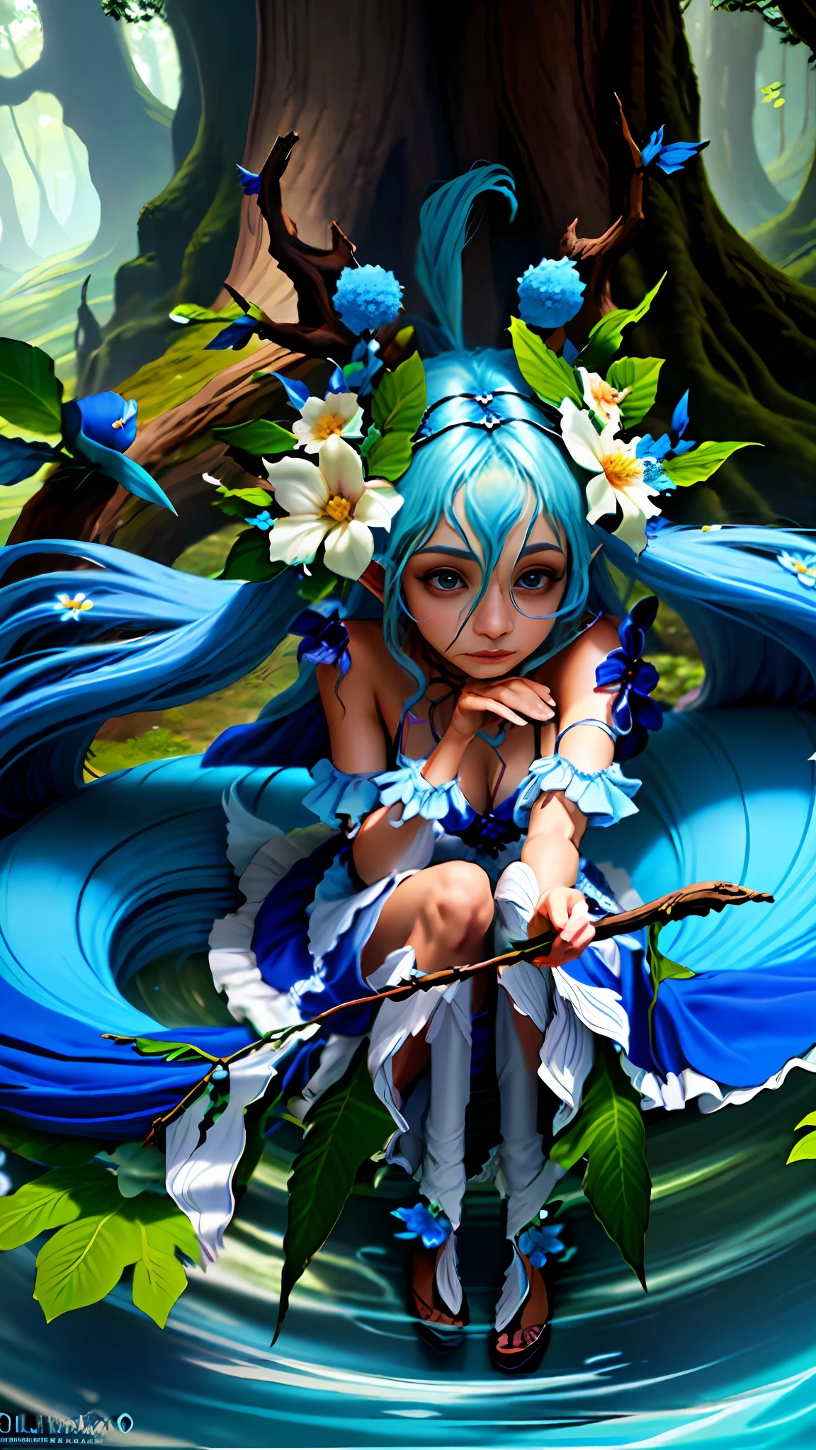 um close up de uma pessoa com um cabelo azul e uma flor, fey queen of the summer forest, Dryad elegante e bonita, estilo de fantasia vibrante, floresta seca, Personagem Pixie, Fey Exotic Highlights, Menina elfa vestindo um terno da flor de cor azul, fada da floresta, roupa azul, ultra qualidade, obra prima