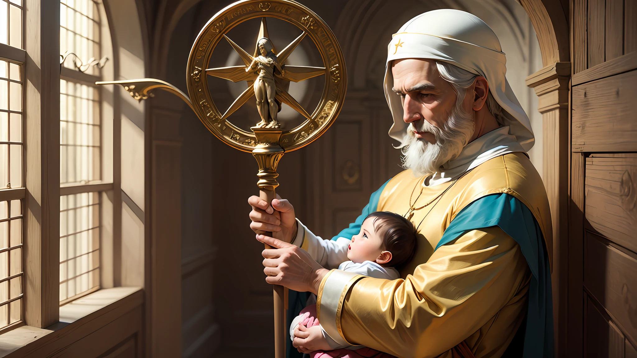 Realistic image of Saint Joseph holding a staff and baby Jesus --auto --s2