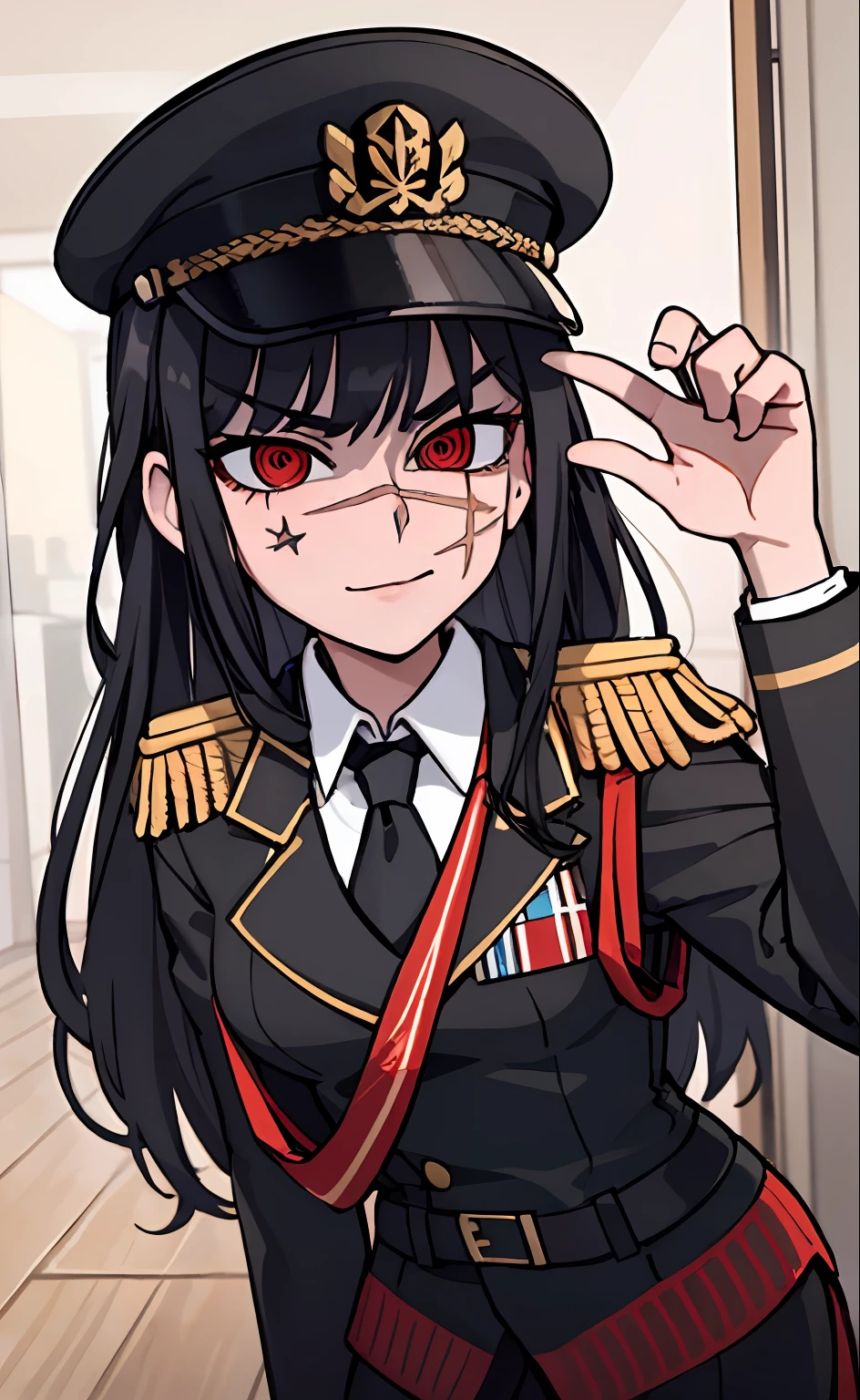 (masterpiece, best quality: 1.2), Solo, 1girl, Yoru \(Chainsaw Man\), looking at the viewer, different poses, red eye, long hair, completely black hair, reference to clothing of a German WWII general, black long sleeves (best quality), scar on face, beautiful eyes, has only 2 arms, has war medals on his clothes,  Black Military Cap, Golden Eagle Medal on Clothing, (Wallpaper), (8K HD), (8K HD), Golden Shoulder Pads, Sprites, 1 Single Design (obra maestra, mejor calidad: 1.2), Solo, 1girl, Yoru \(Chainsaw Man\), mirando al espectador, sonrisa, feliz, diferentes poses, ojo rojos, cabello largo, cabello completamente negro, reference to clothing of a German general from World War II, mangas largas negras (mejor calidad), cicatriz en la cara, hermosos ojos, tiene solo 2 brazos, manos bien hechas, tiene medallas de guerra en su ropa, Gorra militar negra, Golden Eagle Medal in Dress, (fondo de pantalla), (8K HD), (8K HD), hombreras doradas, sprites, 1 single design