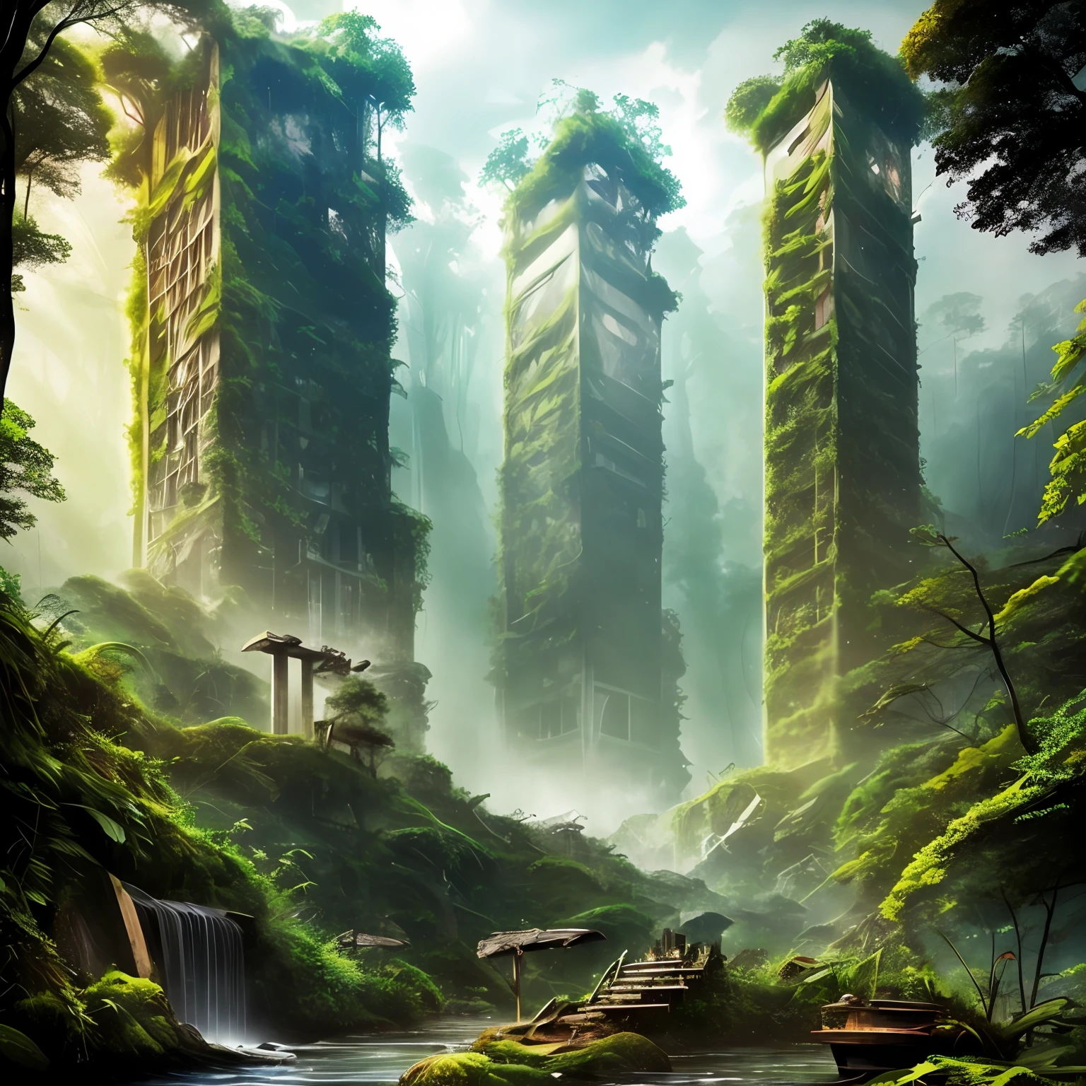 in a post apocalyptic world, a natureza tomou conta das cidades abandonadas. Skyscraper ruins are now covered by lush rainforests. In this unique scenario, existem criaturas misteriosas que vagueiam pelas ruas, combinando elementos de diferentes animais. Your task is to capture the essence of this world in a series of fascinating images. Use your imagination to portray the harmony between nature and ancient architecture and bring to life these fantastic creatures that inhabit this unique landscape. His images will show how life finds a way even after civilization has disappeared, And each photo will be a window into the viewers' imagination, inviting them to explore this post-apocalyptic world full of beauty and mystery. --auto