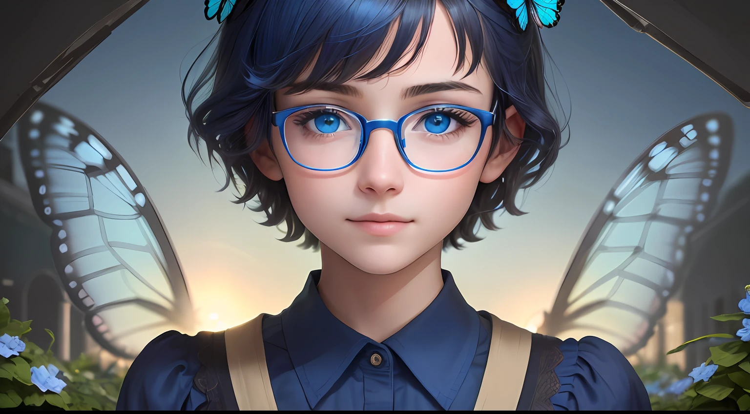 (A high resolution,High illumination,4K),blue rimmed glasses,Long face,1boys,the face,Detailed face,eBlue eyes,Flower garden,Very short hair,She has a butterfly on her head,close-up face,The sun at noon,ssmile,:),looking at viewert,Close range - intensity,Blue shirt,