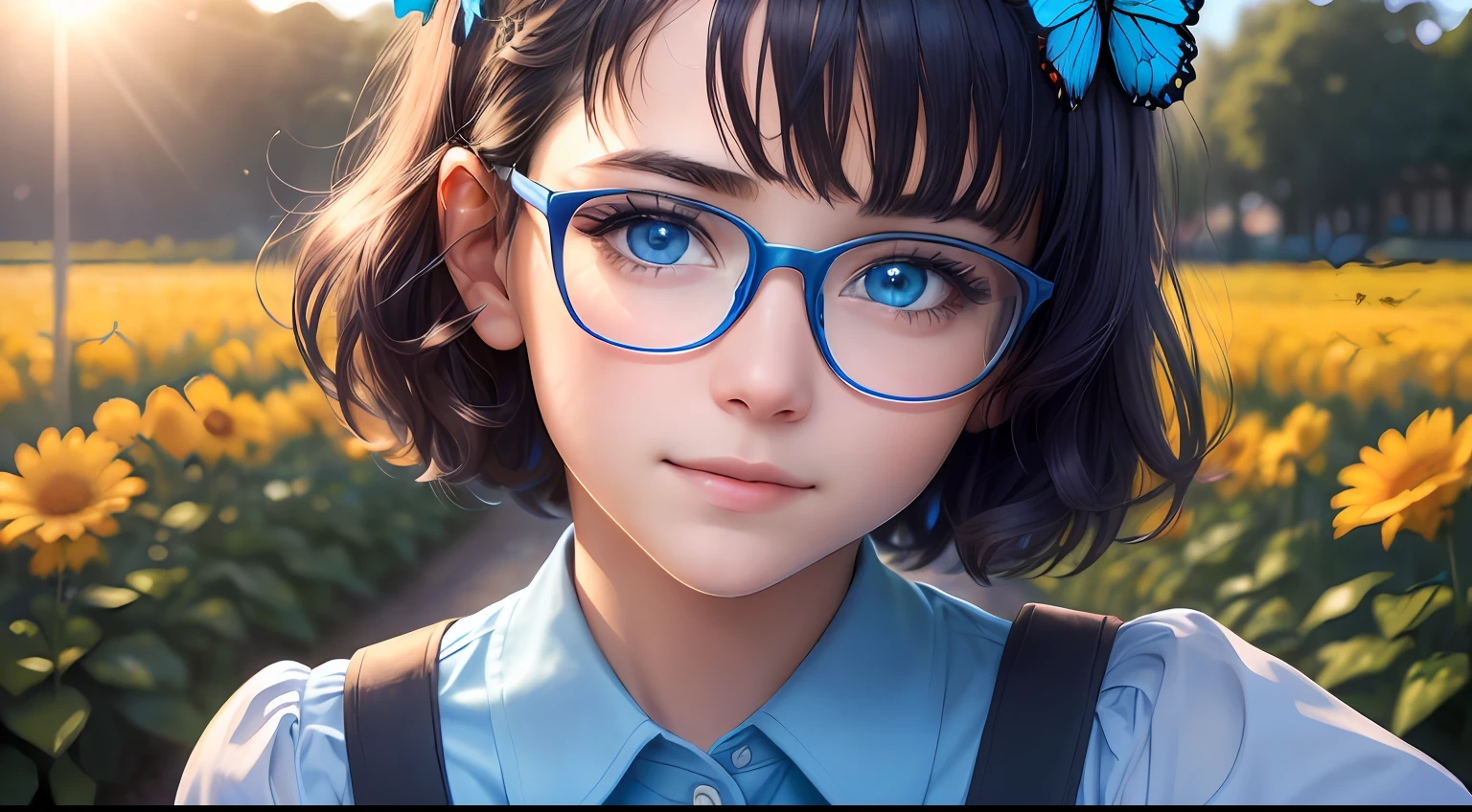 (A high resolution,High illumination,4K),blue rimmed glasses,Long face,1boys,the face,Detailed face,eBlue eyes,Flower garden,Very short hair,She has a butterfly on her head,close-up face,The sun at noon,ssmile,:),looking at viewert,Close range - intensity,Blue shirt,