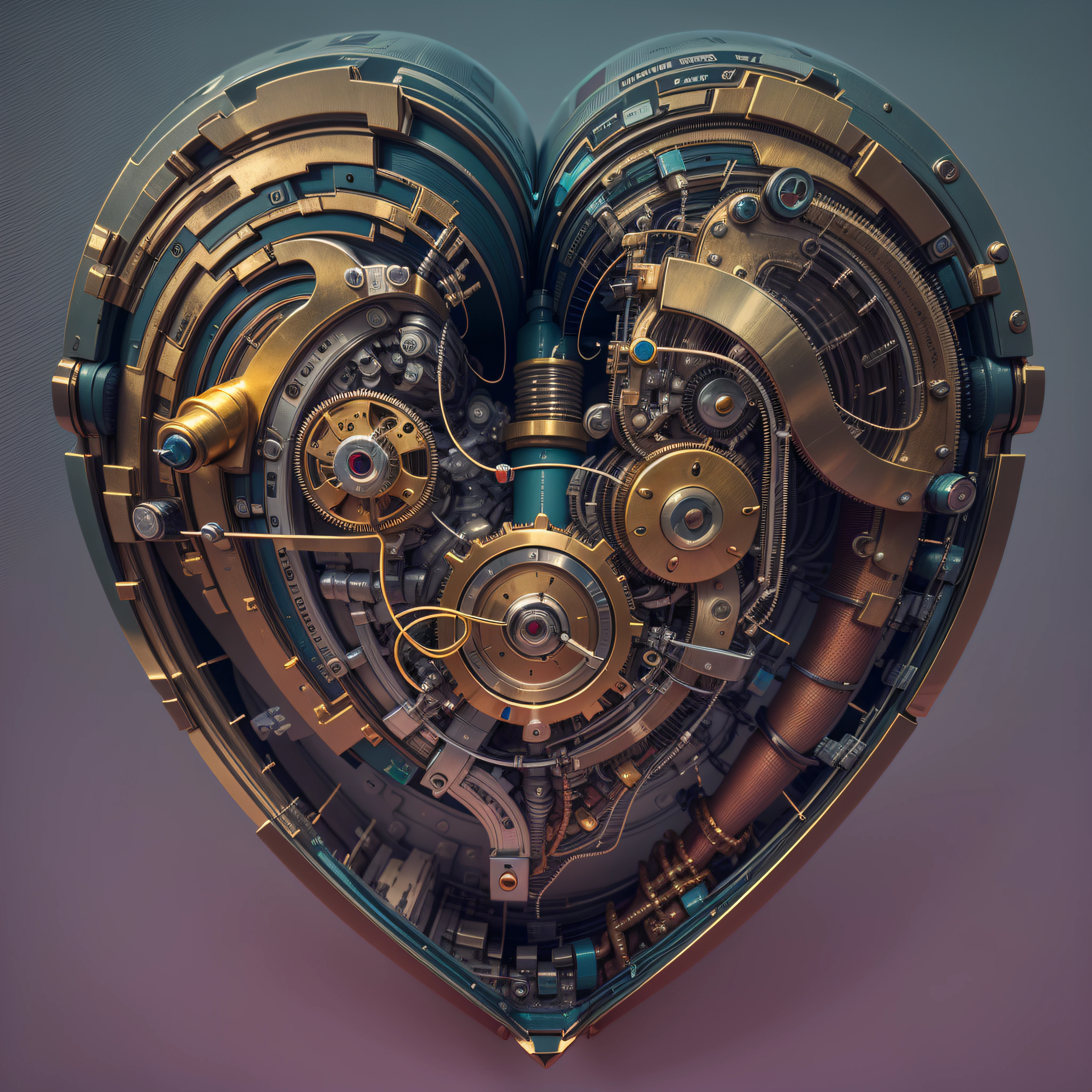 A small mechanical heart, real estate photography, 3d, deep colors, acidwave, cyber, futuristic, gold, metal, neoprene, satin, vinyl, fine art photography