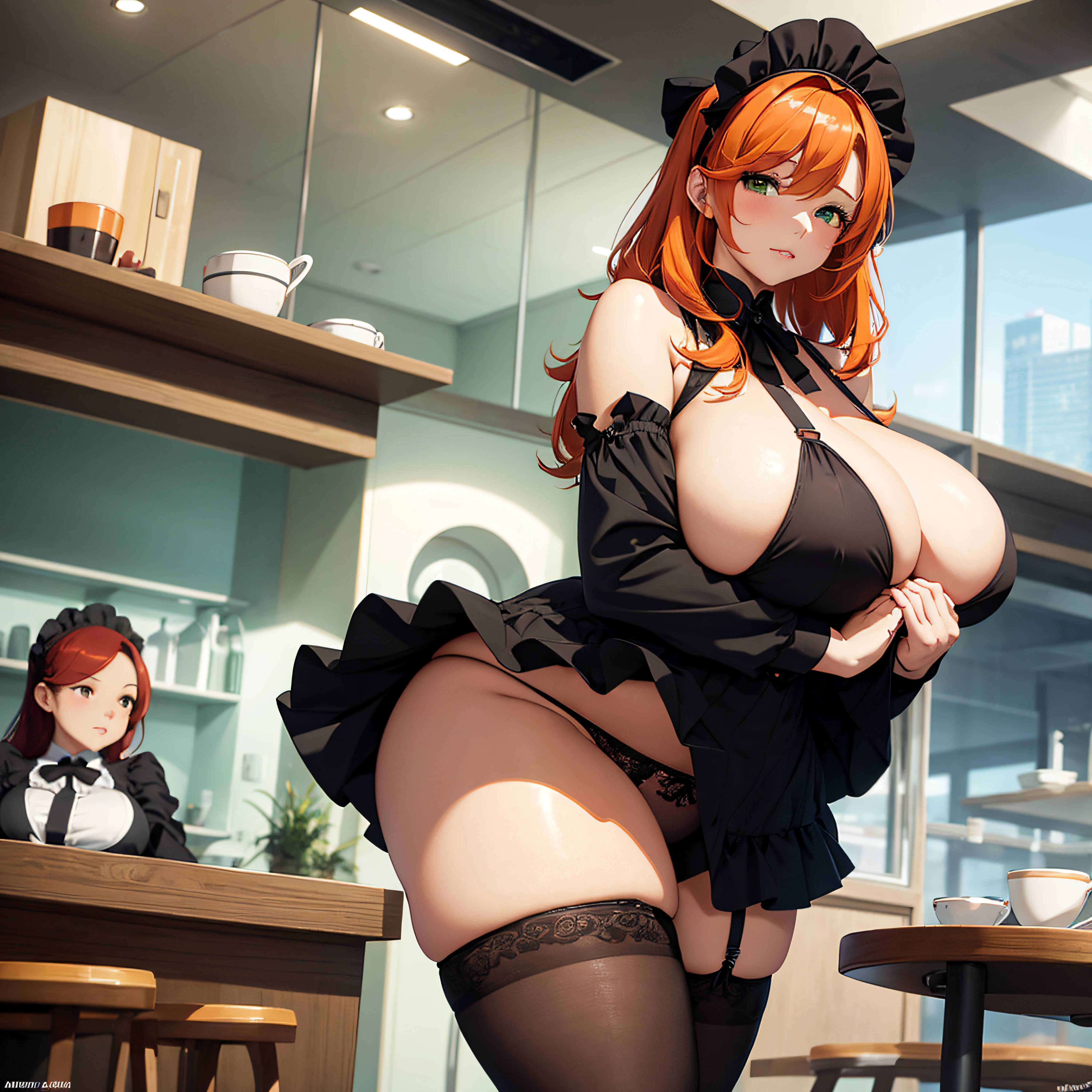 /draw ai_generated curvy_body curvy_female curvy_figure The average cup size female_only huge_breasts looking_at_viewer +maid solo_female solo_focus stable_diffusion waitress orange_hair green_eyes lifts the skirt showing black panties legs in pantyhose --auto