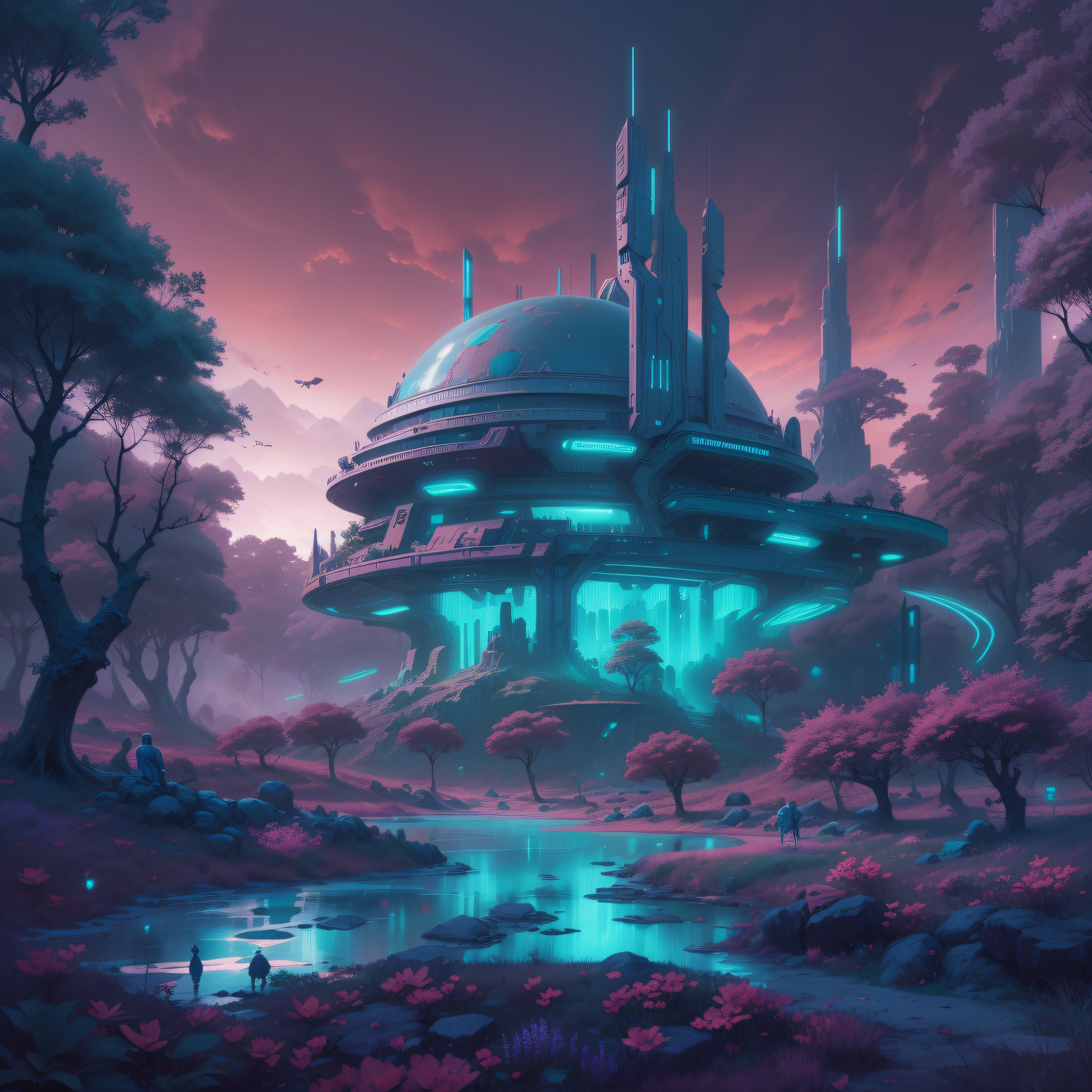 futuristic hamlet in the middle of a purple forest, beeple , sci-fi fantasy wallpaper, , lush alien landscape turquoise sky, science fantasy painting, science fiction landscape,