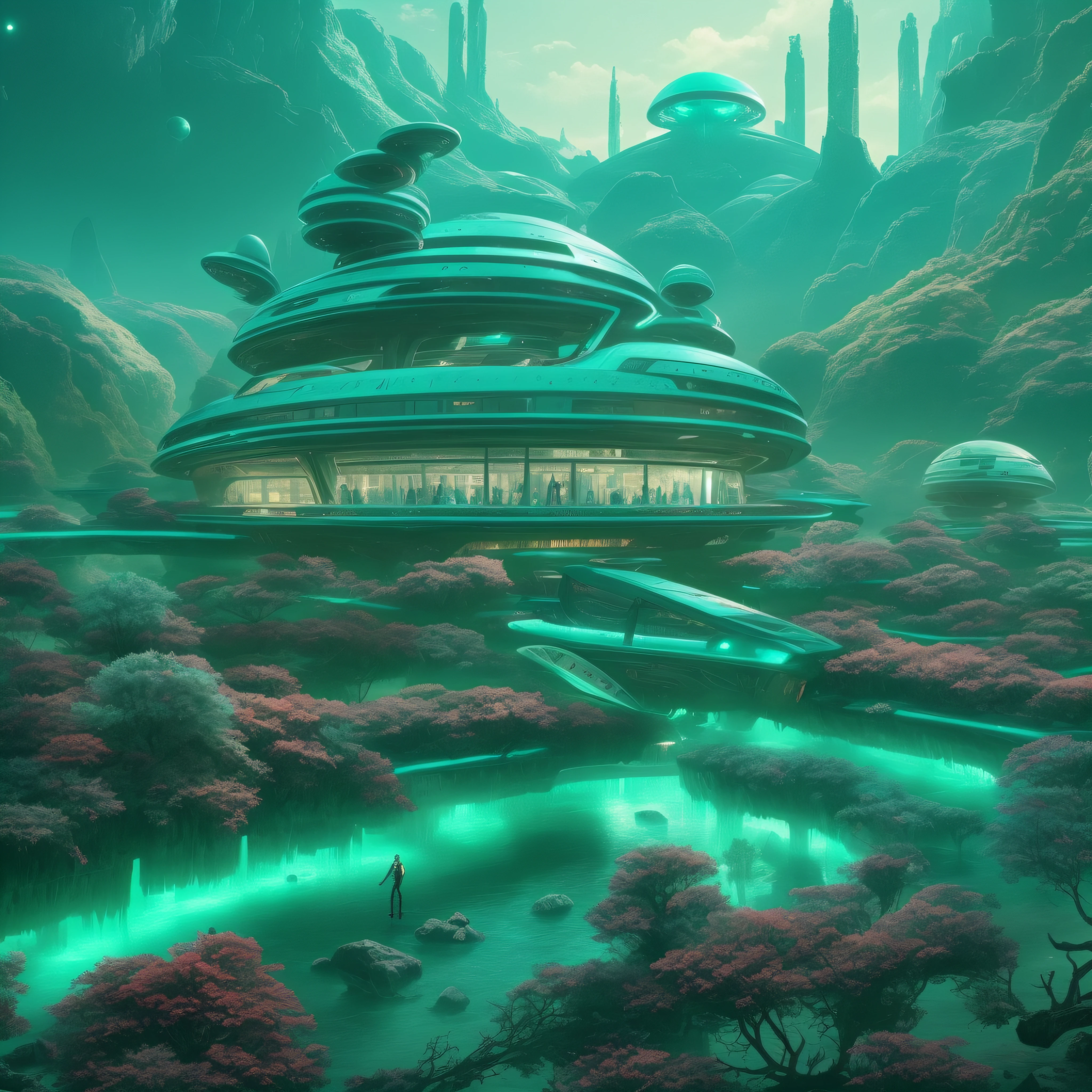 futuristic alien hamlet in the middle of a turquoise forest, beeple , sci-fi fantasy wallpaper, , lush alien landscape green sky, science fantasy painting, science fiction landscape,