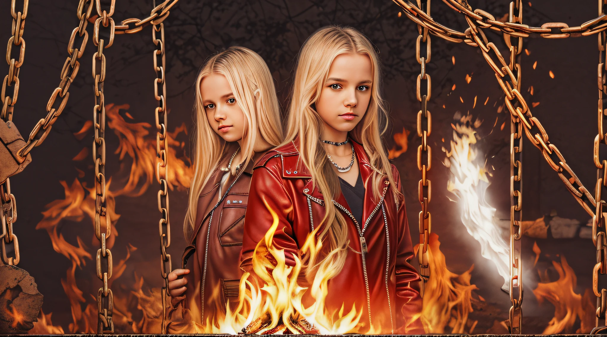 A half body, portrait of 3 girls German children long platinum blonde hair of 12 years, red leather jackets, holding in their hands a cross, background of chains, chain, more chains, many chains, , red, red fire, many background flames.