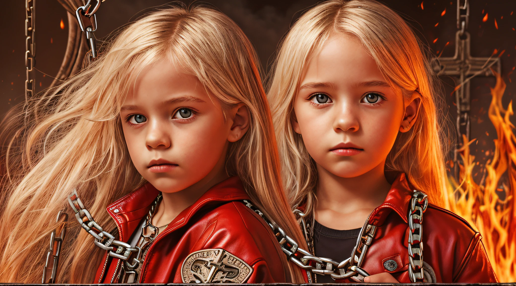 A half body, portrait of 3 girls German children long platinum blonde hair of , red leather jackets, holding in their hands a cross, background of chains, chain, more chains, many chains, , red, red fire, many background flames.